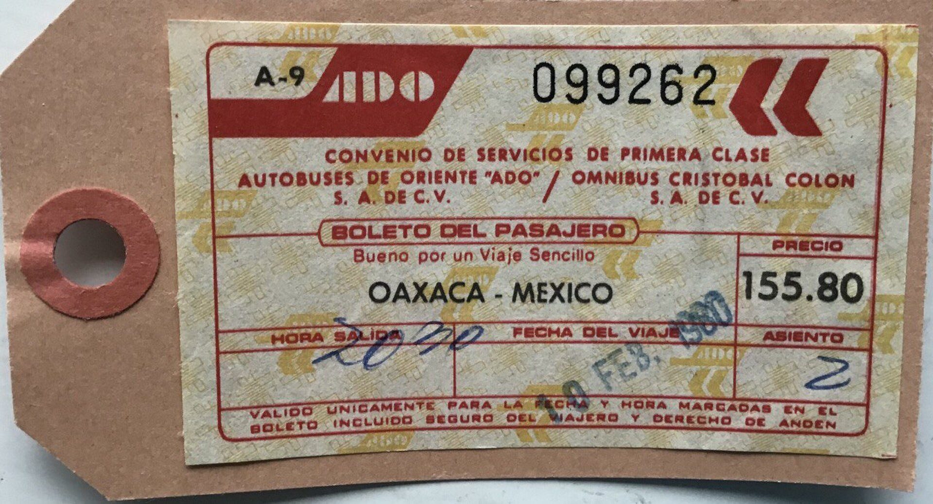 Busticket Oaxaca - Mexico-city, 10 februari 1980, 
N0. 099262

Autobuses De Orie