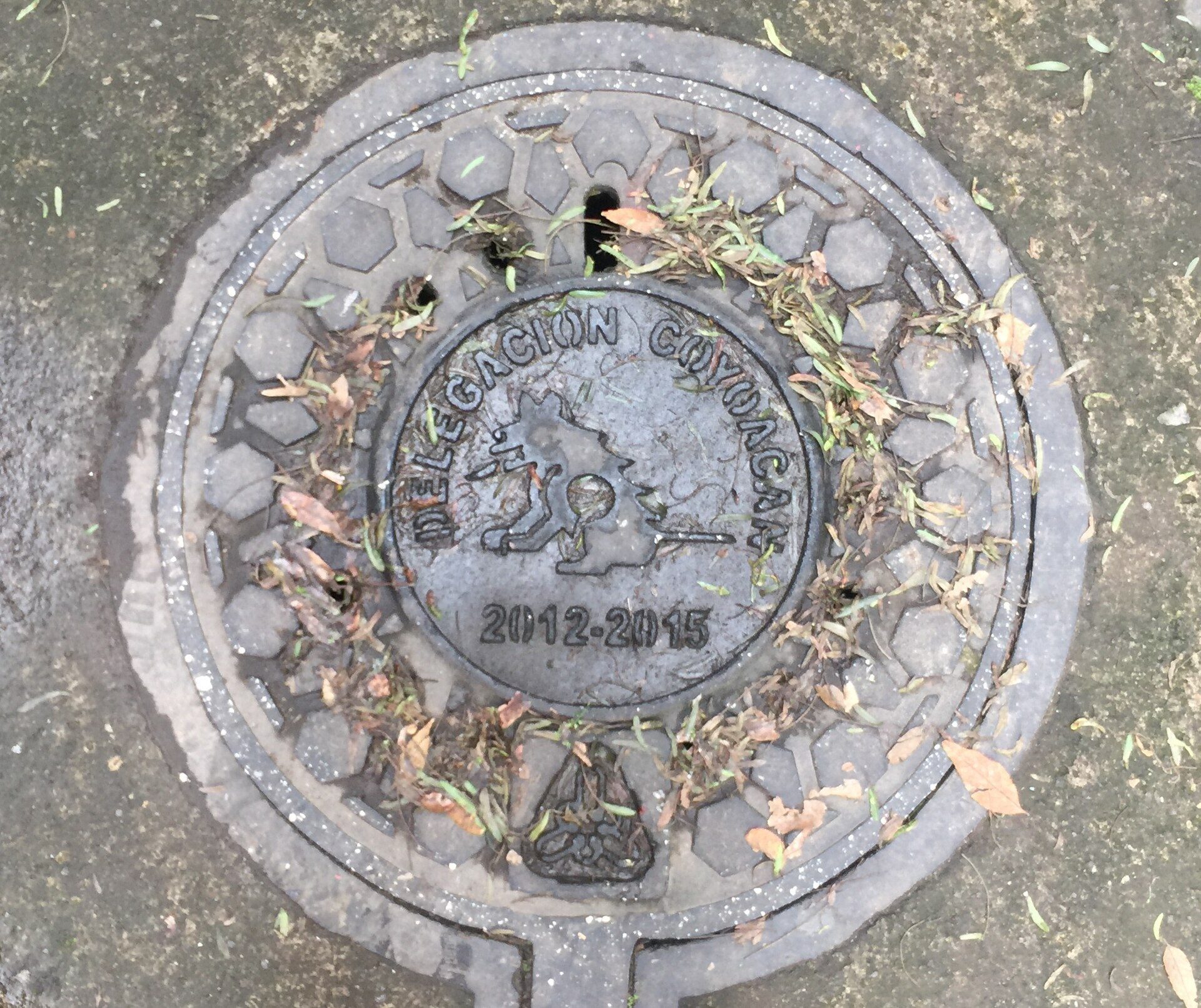 En la zona de Coyoacán las alcantarillas son decoradas con el símbolo delegacion
