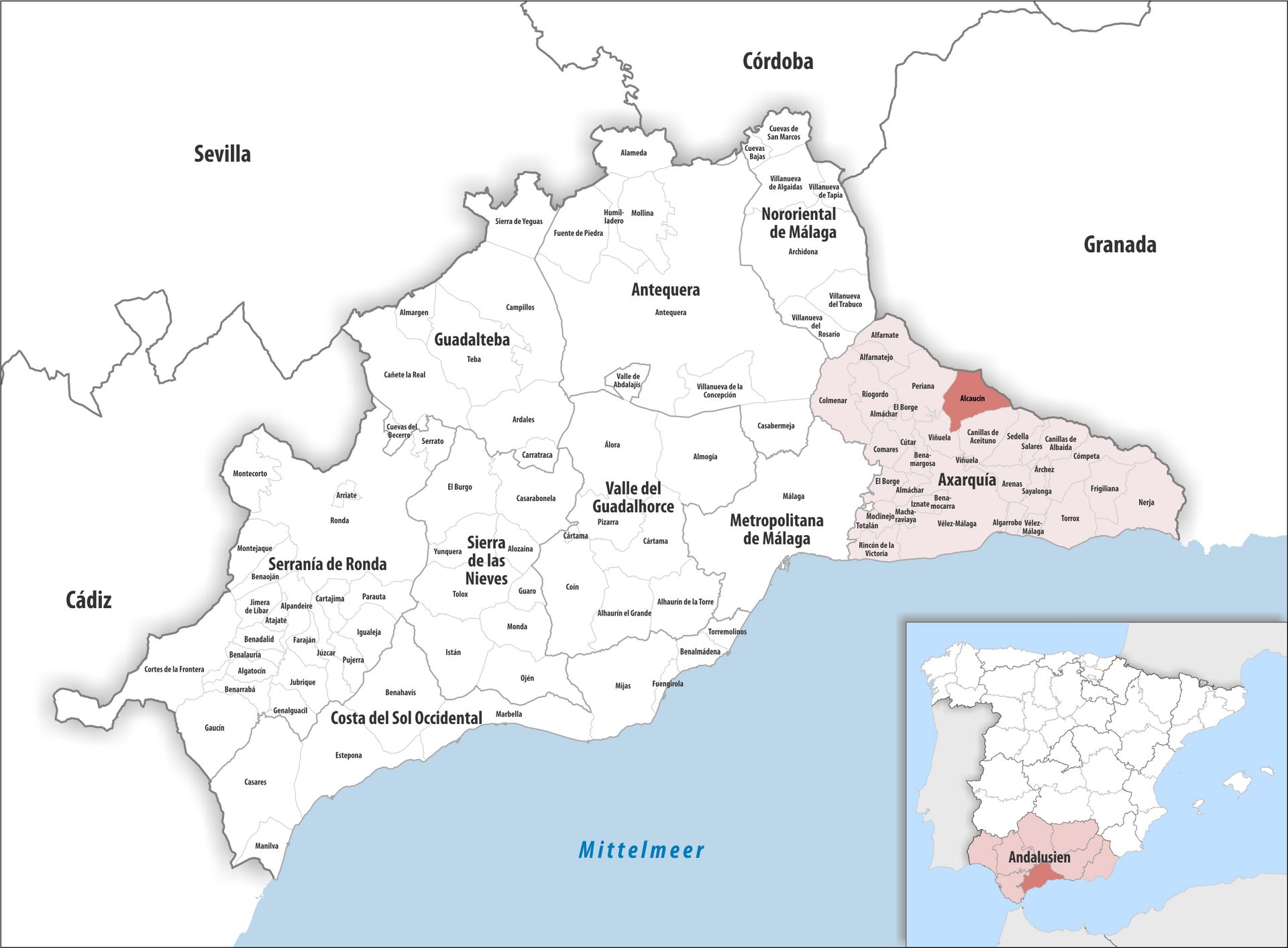 Alt text: Map showing the location of Mittelemer in Asturias, Spain, with surrounding cities and regions.