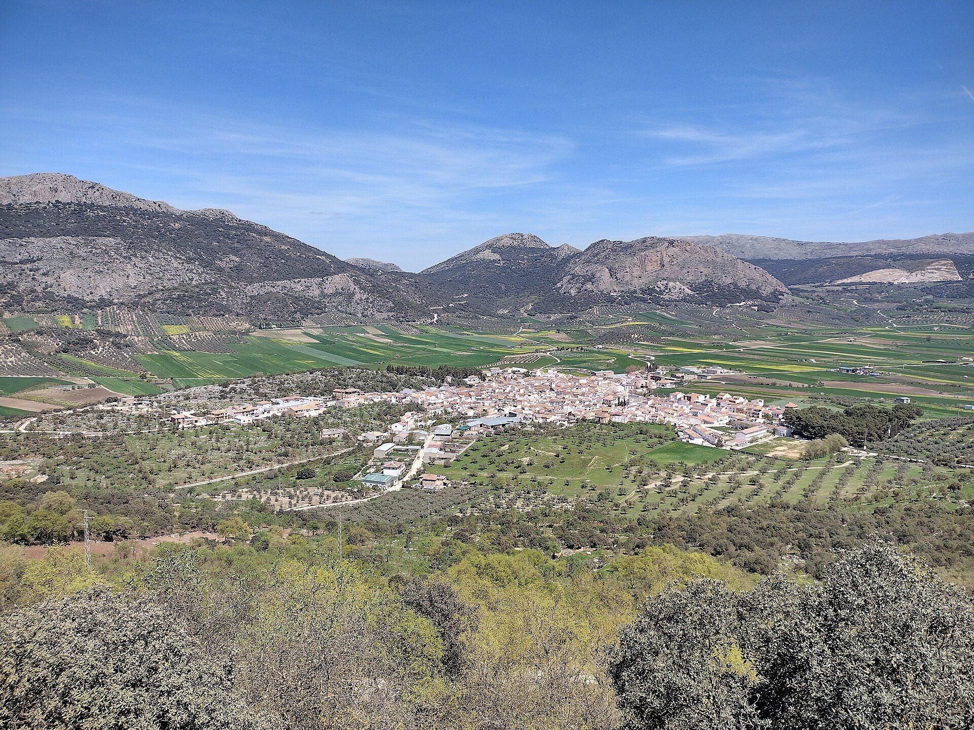 Alt text: Panoramic view of a quaint village nestled in lush green fields with mountainous backdrop.