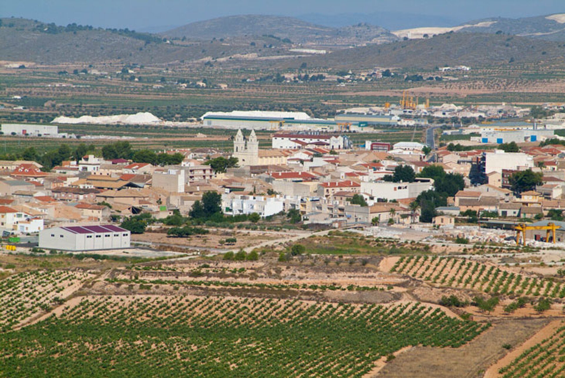 Aerial view of a small town with agricultural fields and distant hills.