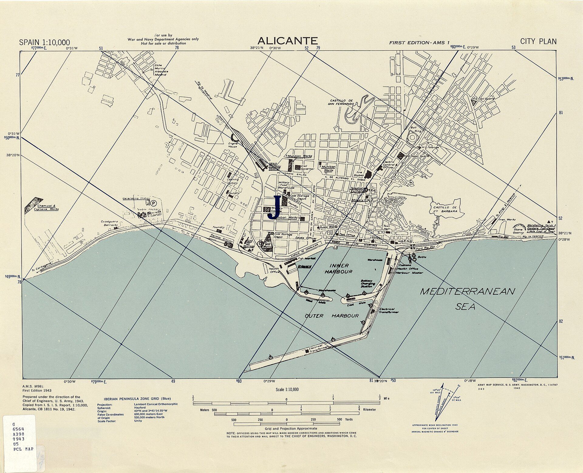 Alt text: Detailed city plan of Alicante with streets, buildings, and coastline.