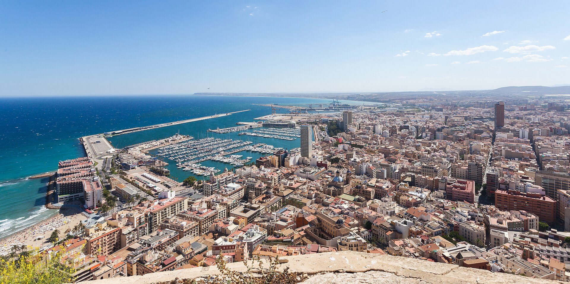 Aerial view of a coastal city with a marina, clear blue sky, and ocean.