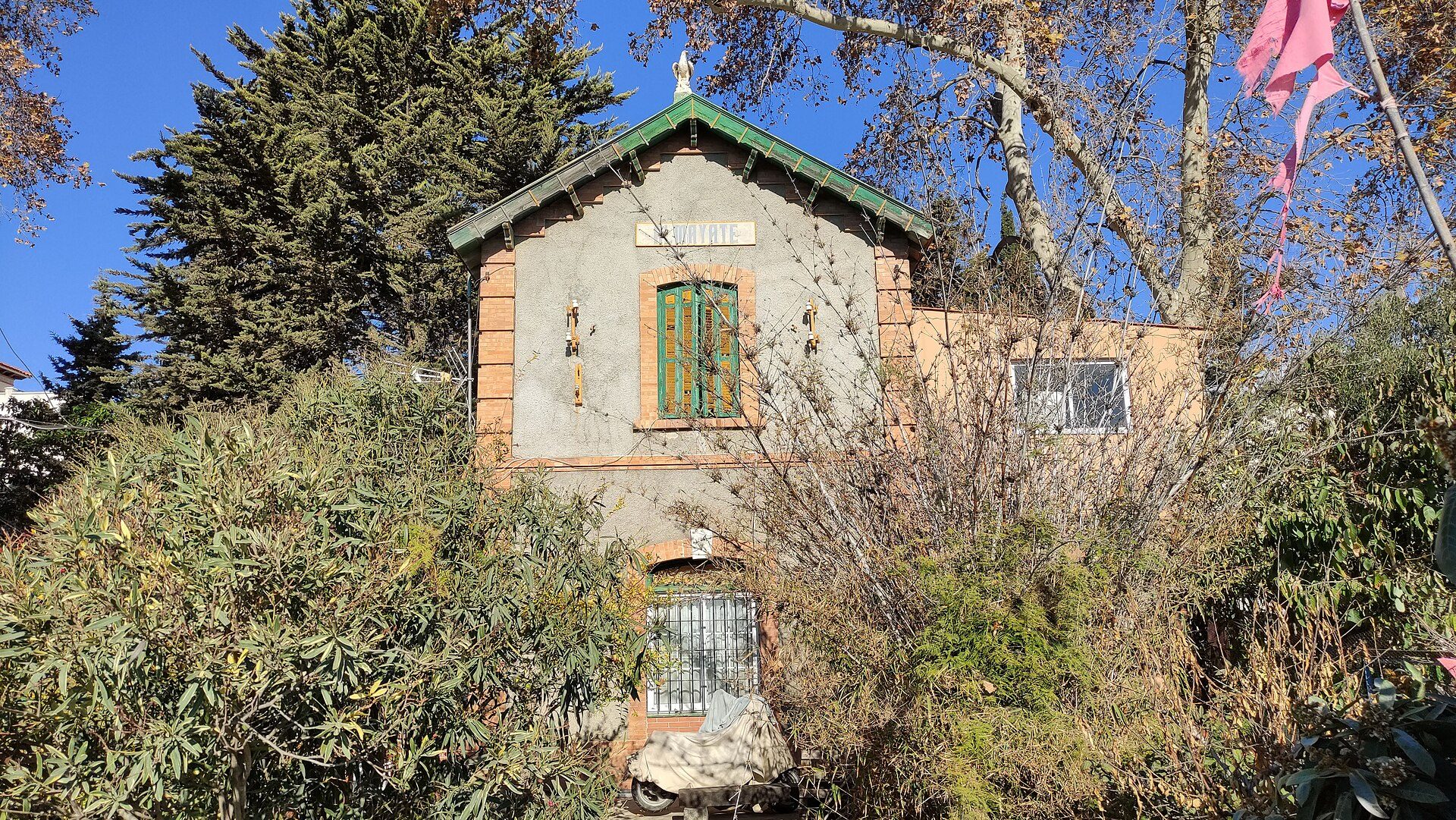 Small, cozy room with green window, surrounded by trees and bushes.