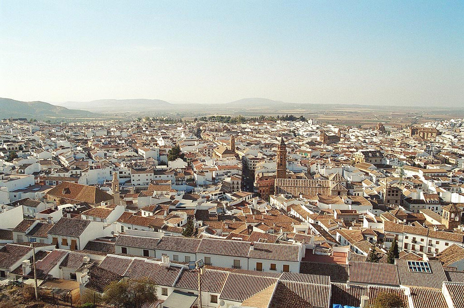 Panoramic view of a historic town with white buildings and a prominent church tower.