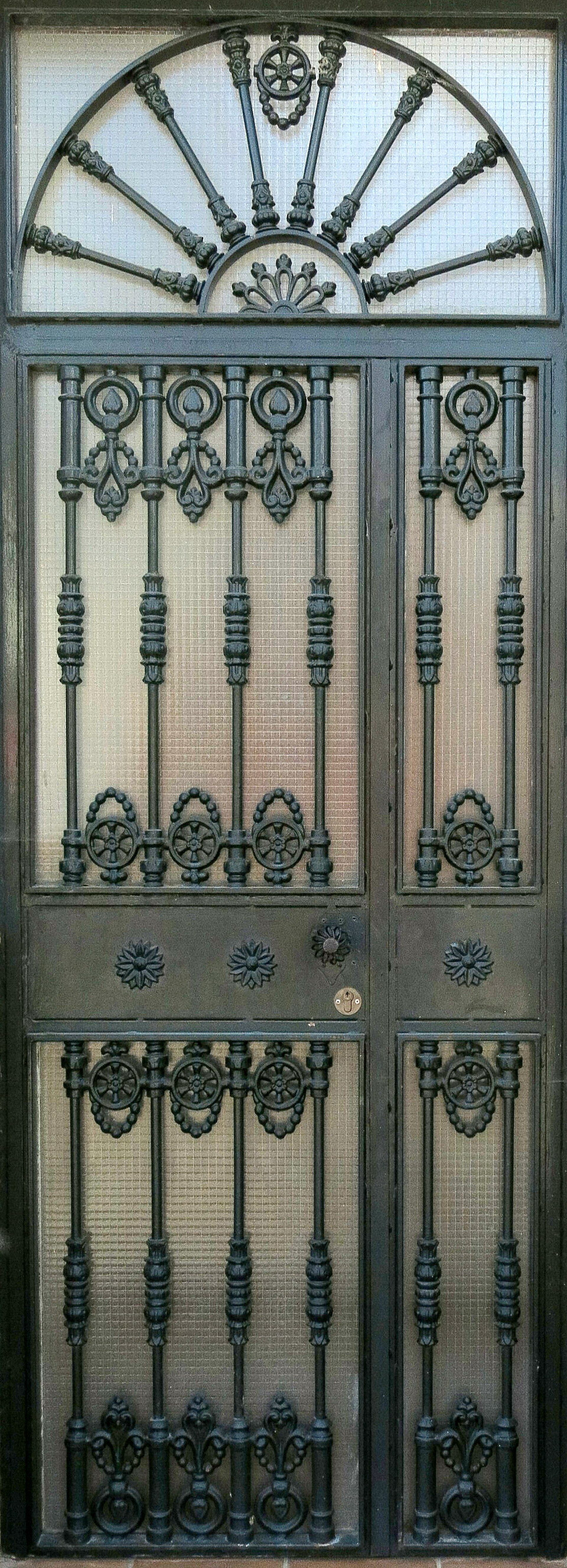 Elegant wrought iron door with decorative patterns and a semi-circular transom window.