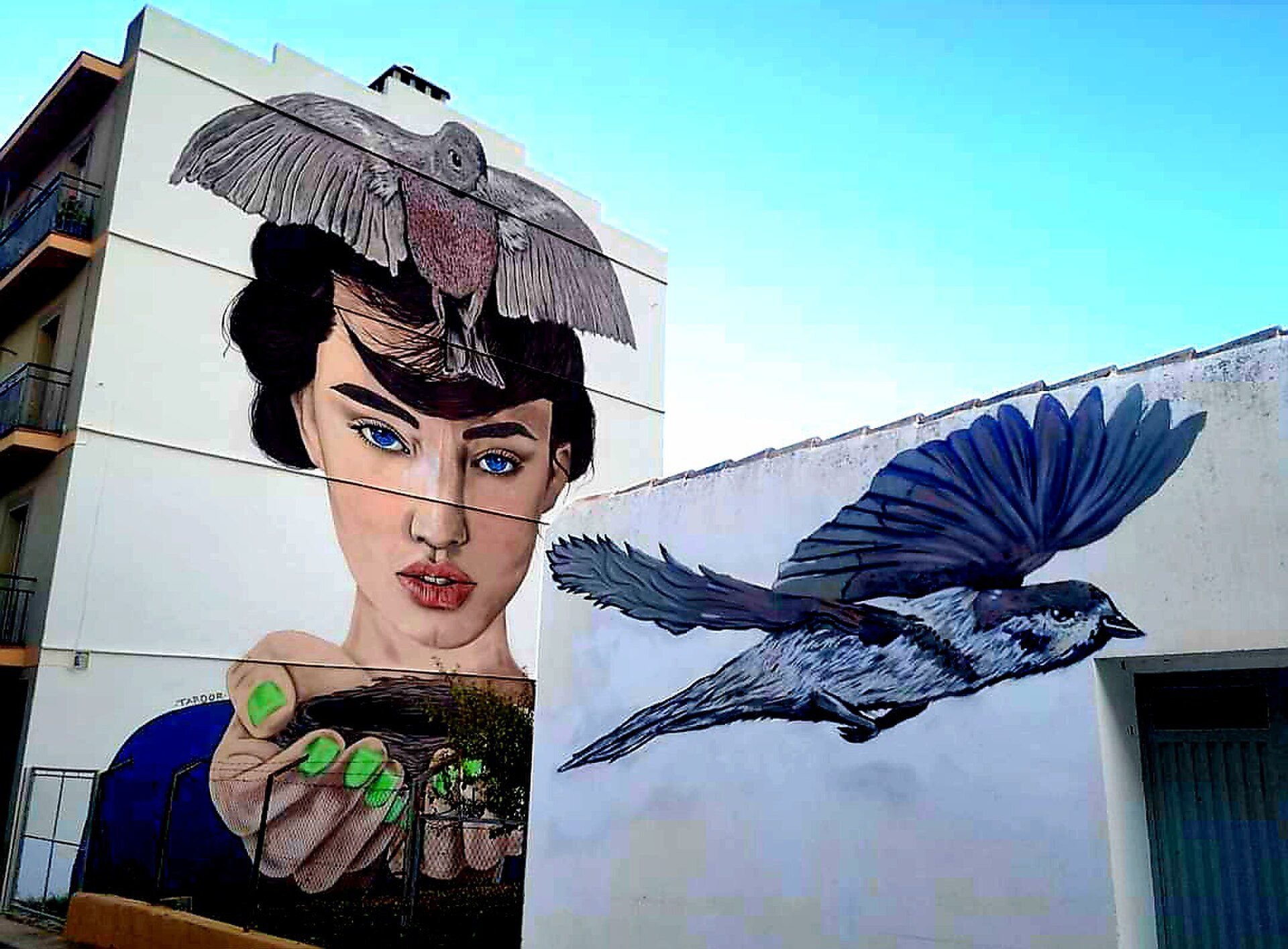 A large mural of a woman with birds on a building wall.