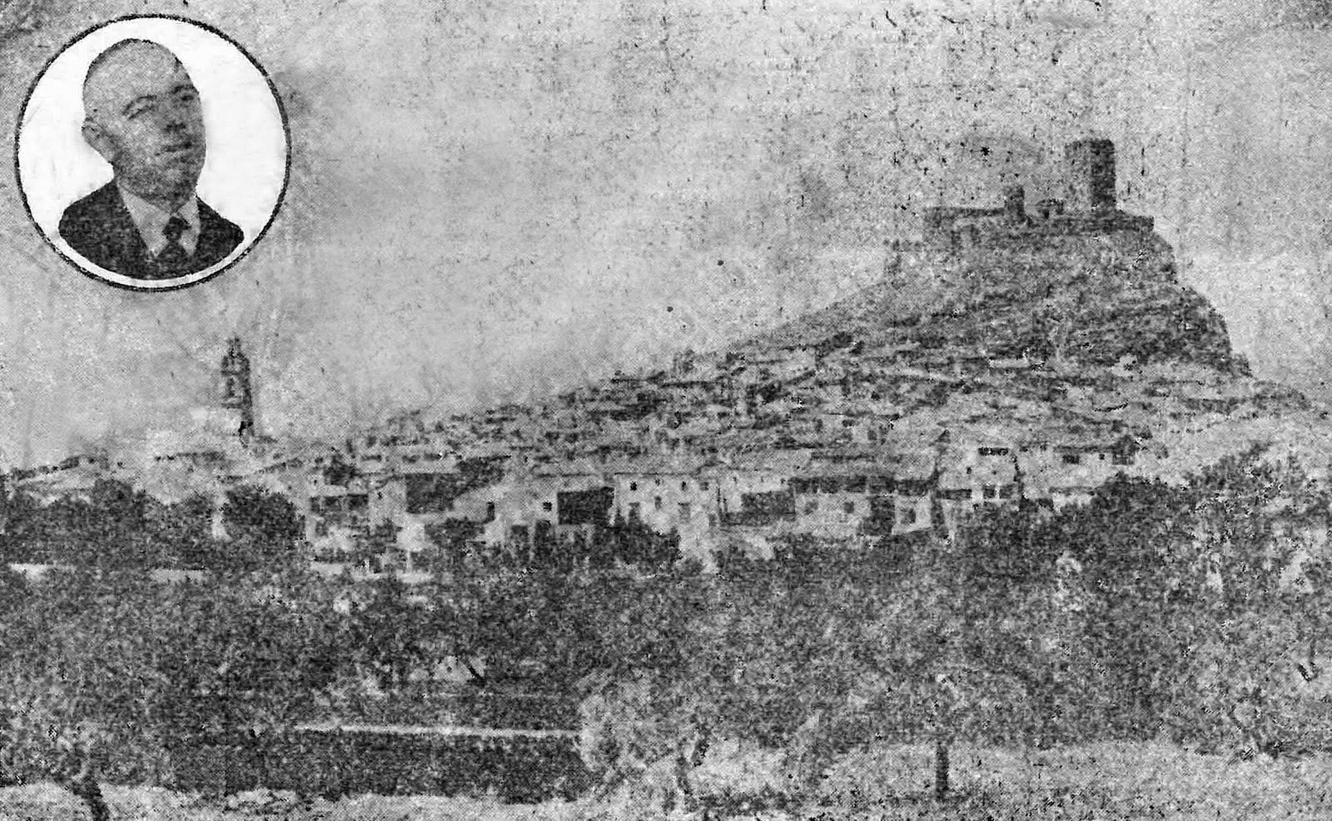 Alt text: Vintage photo of a hilltop town with a castle, featuring a circular portrait of a man.