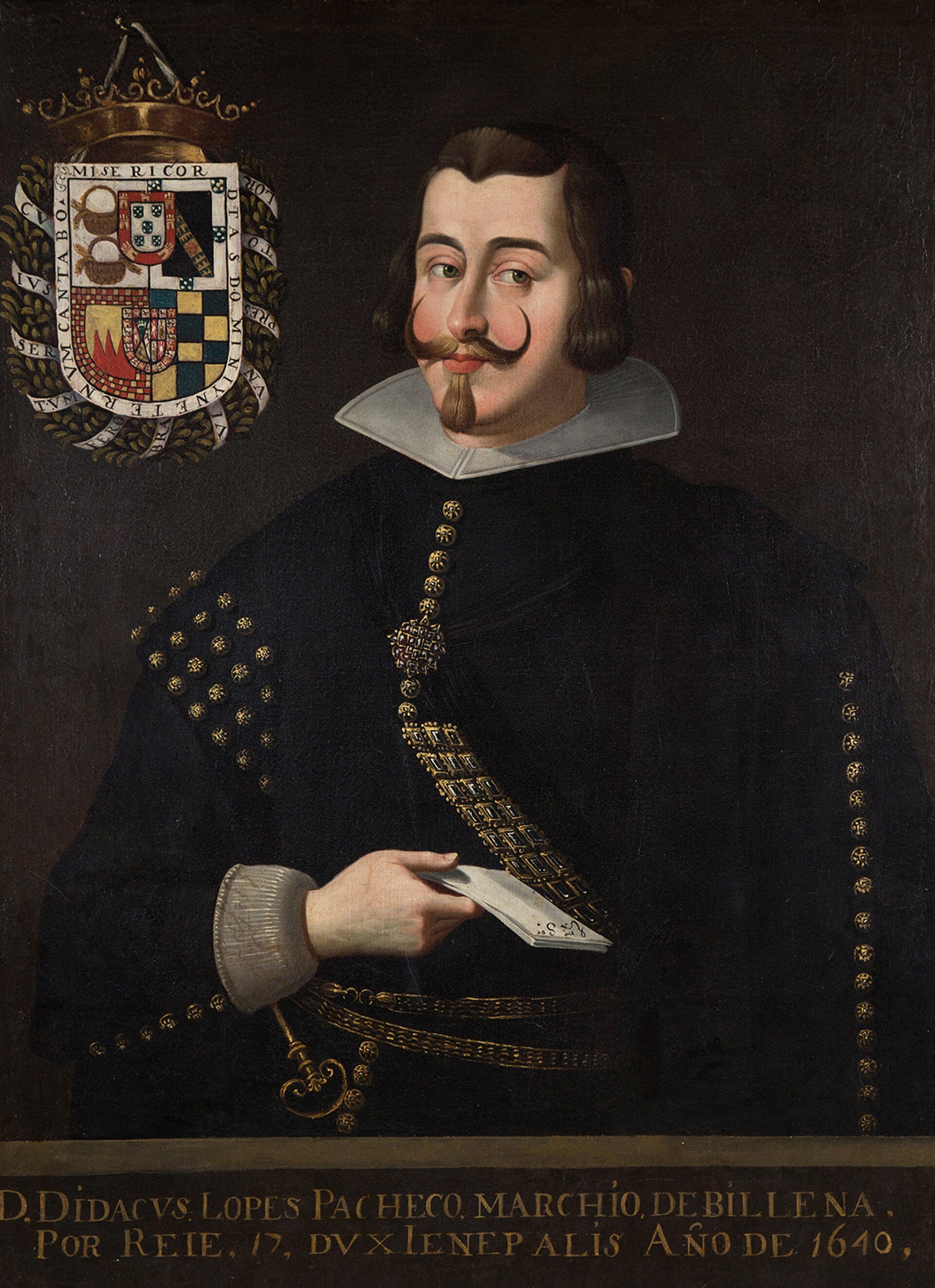 A portrait of a man in historical attire with a coat of arms in the background.
