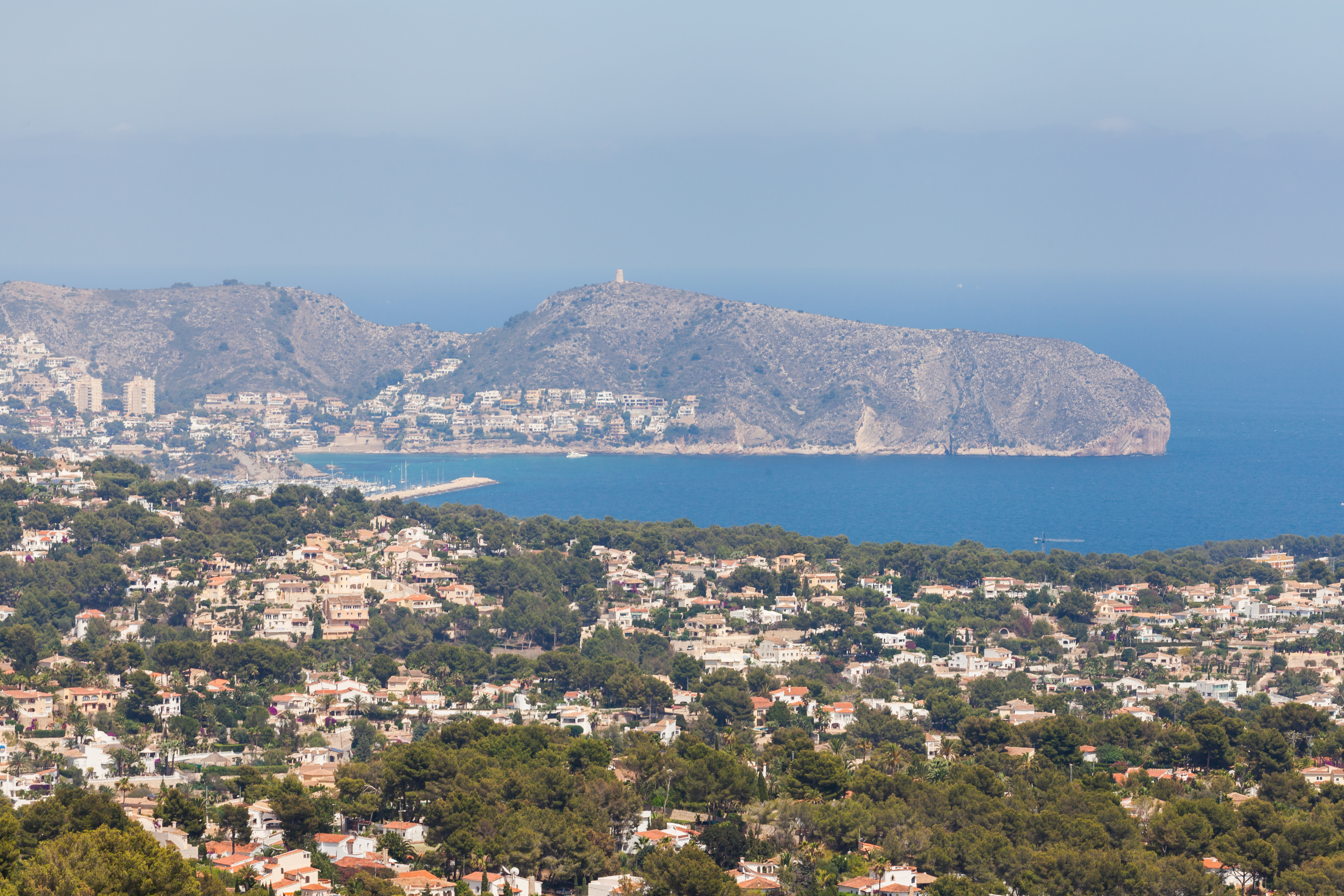 Aerial view of Calpe coastline property landscape, Spain.