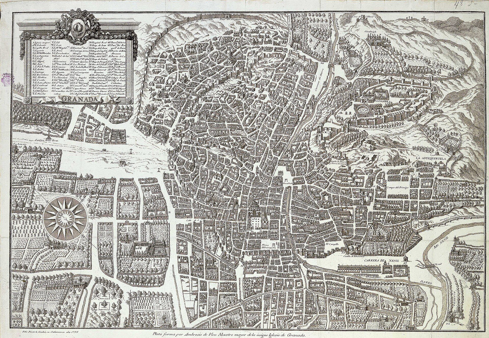 Alt text: Detailed historical map of a city with streets, buildings, and surrounding landscape.