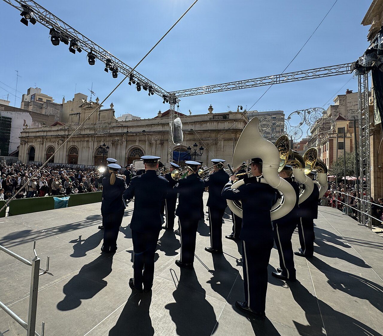 The USAFE-AFAFRICA Ceremonial Band performs in the Plaza Mayor with the Latvian 