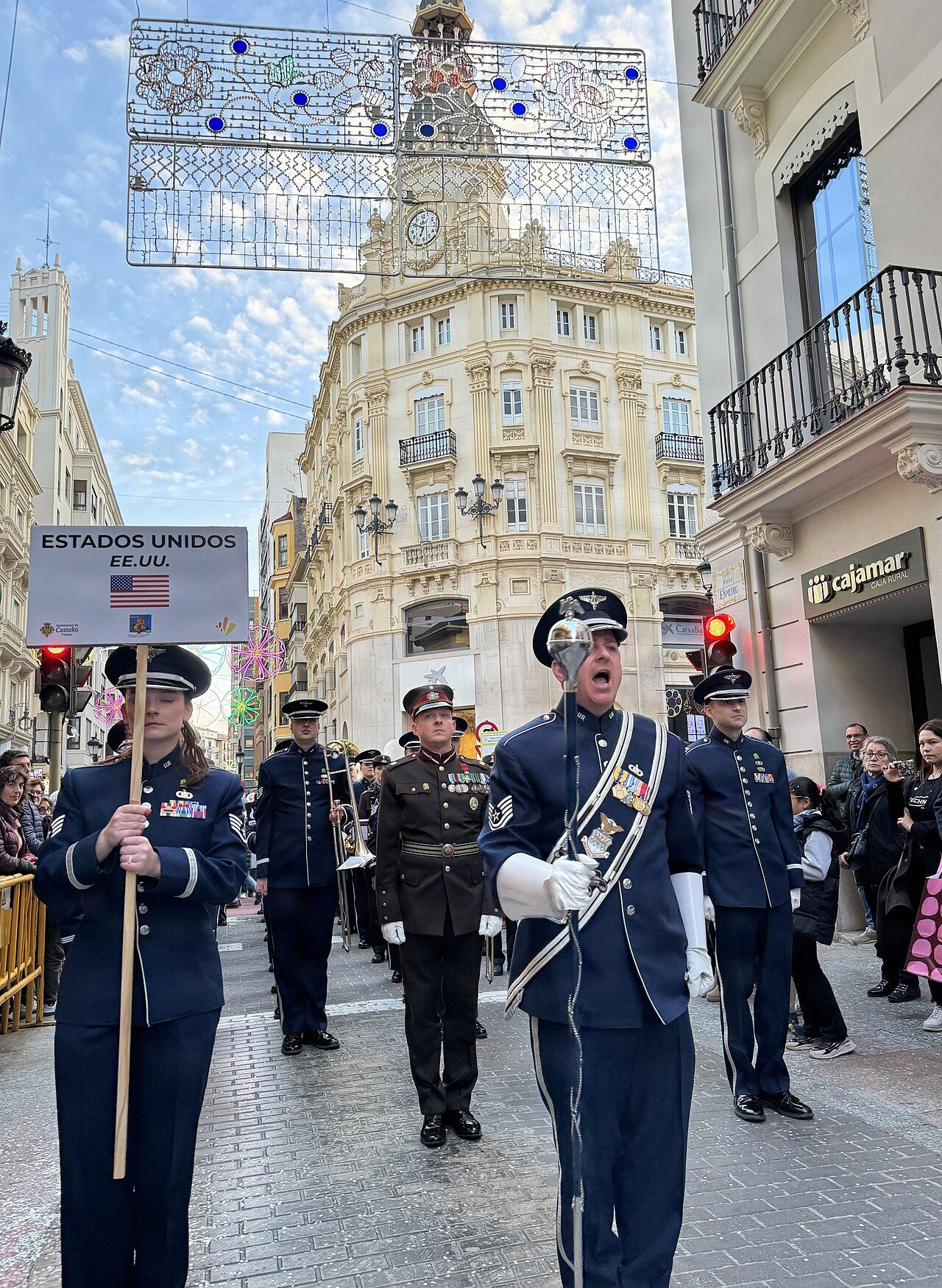The USAFE-AFAFRICA Ceremonial Band performs in a parade with the Latvian Nationa