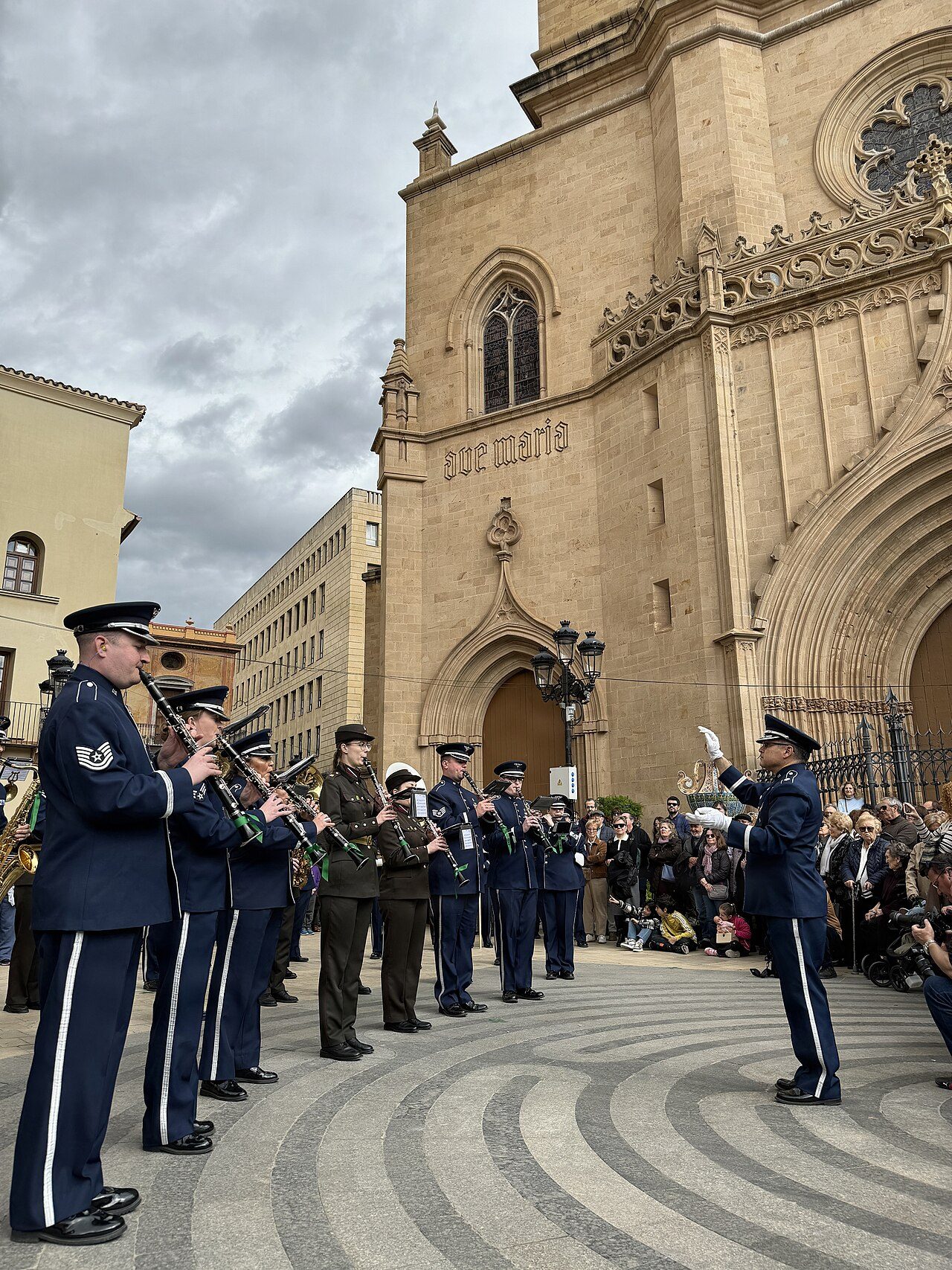 The USAFE-AFAFRICA Ceremonial Band performs in the Plaza Mayor with the Latvian 