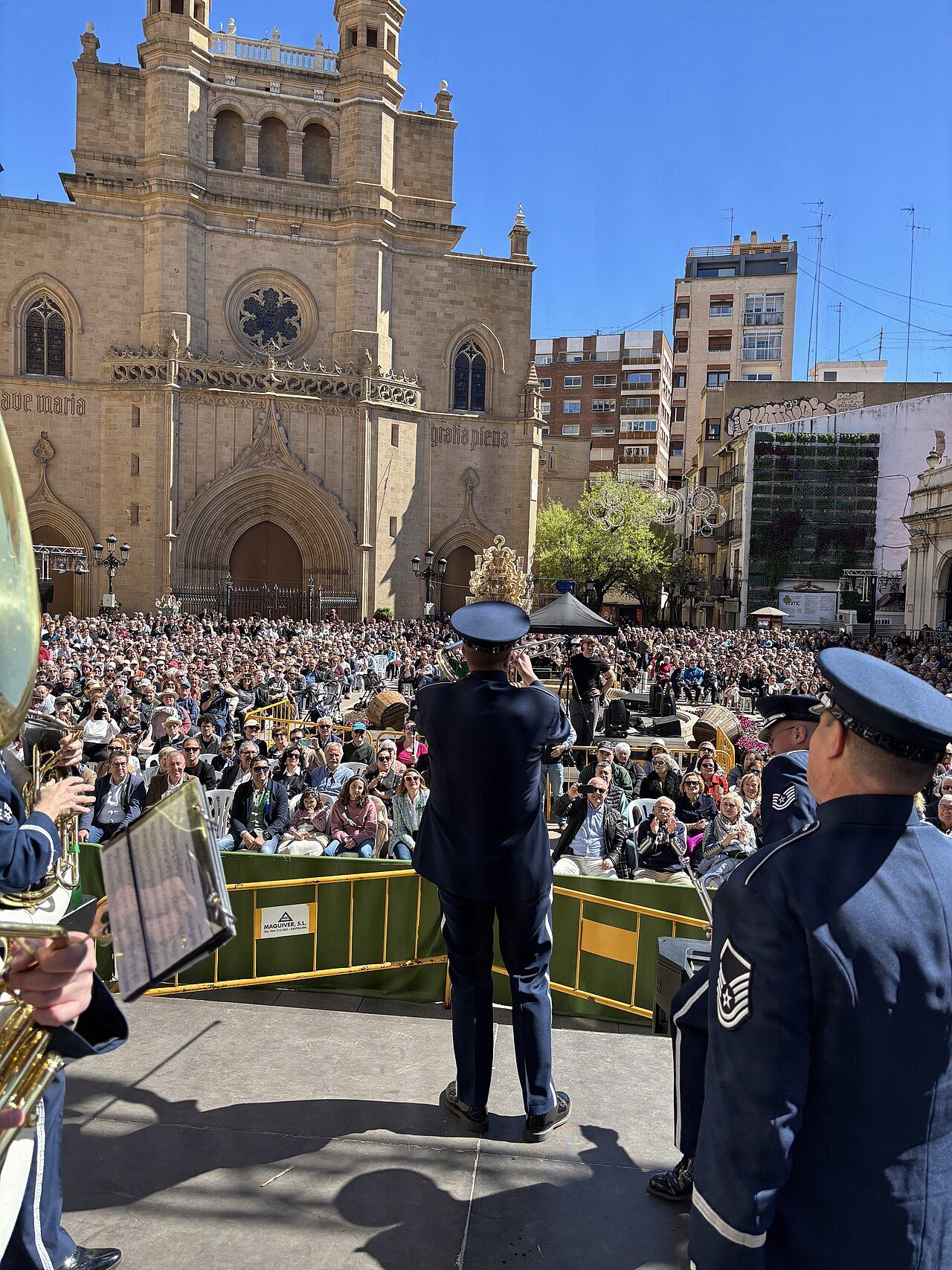 The USAFE-AFAFRICA Ceremonial Band performs in the Plaza Mayor with the Latvian 