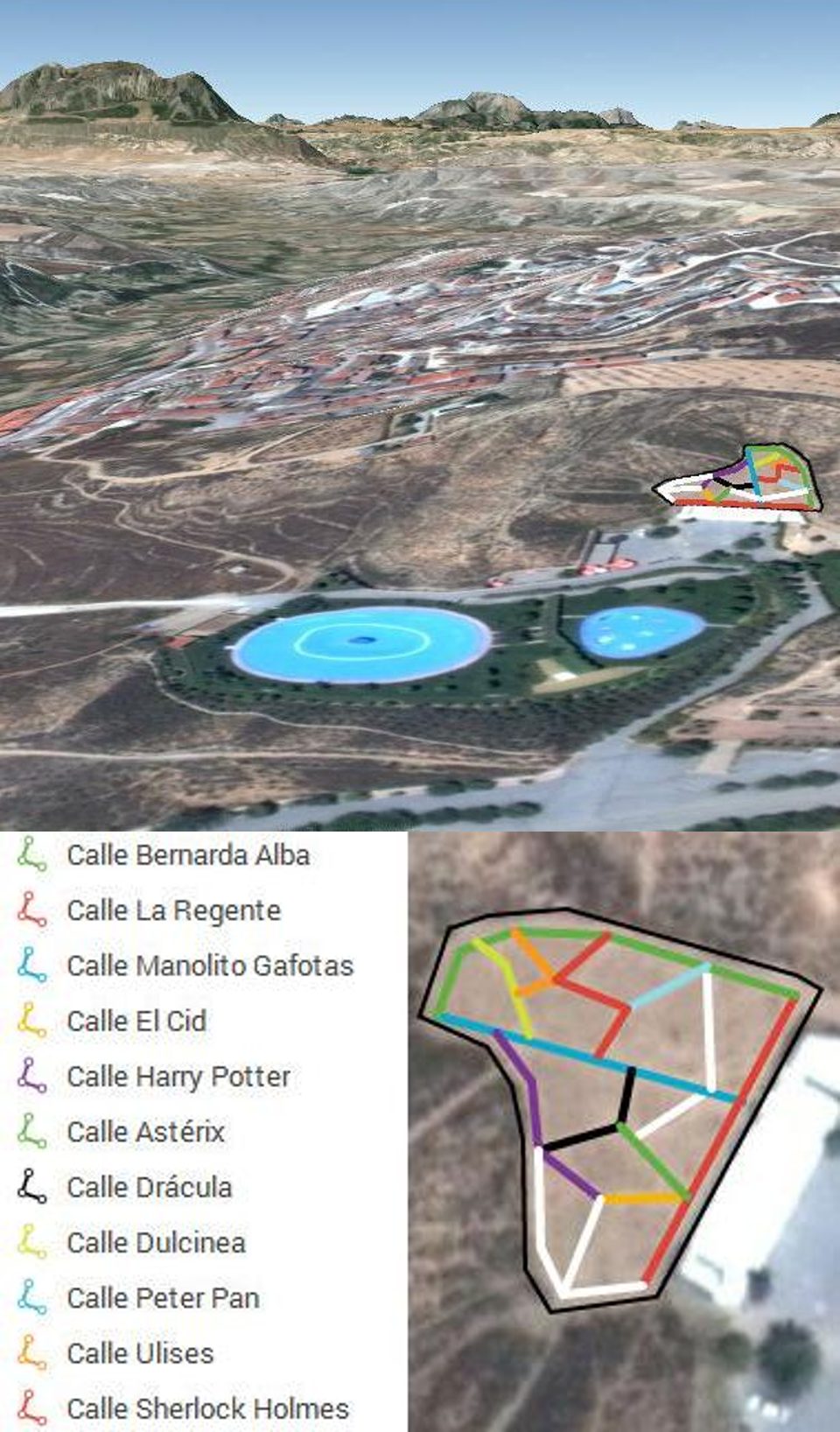 Ubicación esquemática y calles del "Bosque de los Libros", en el complejo Lagos 