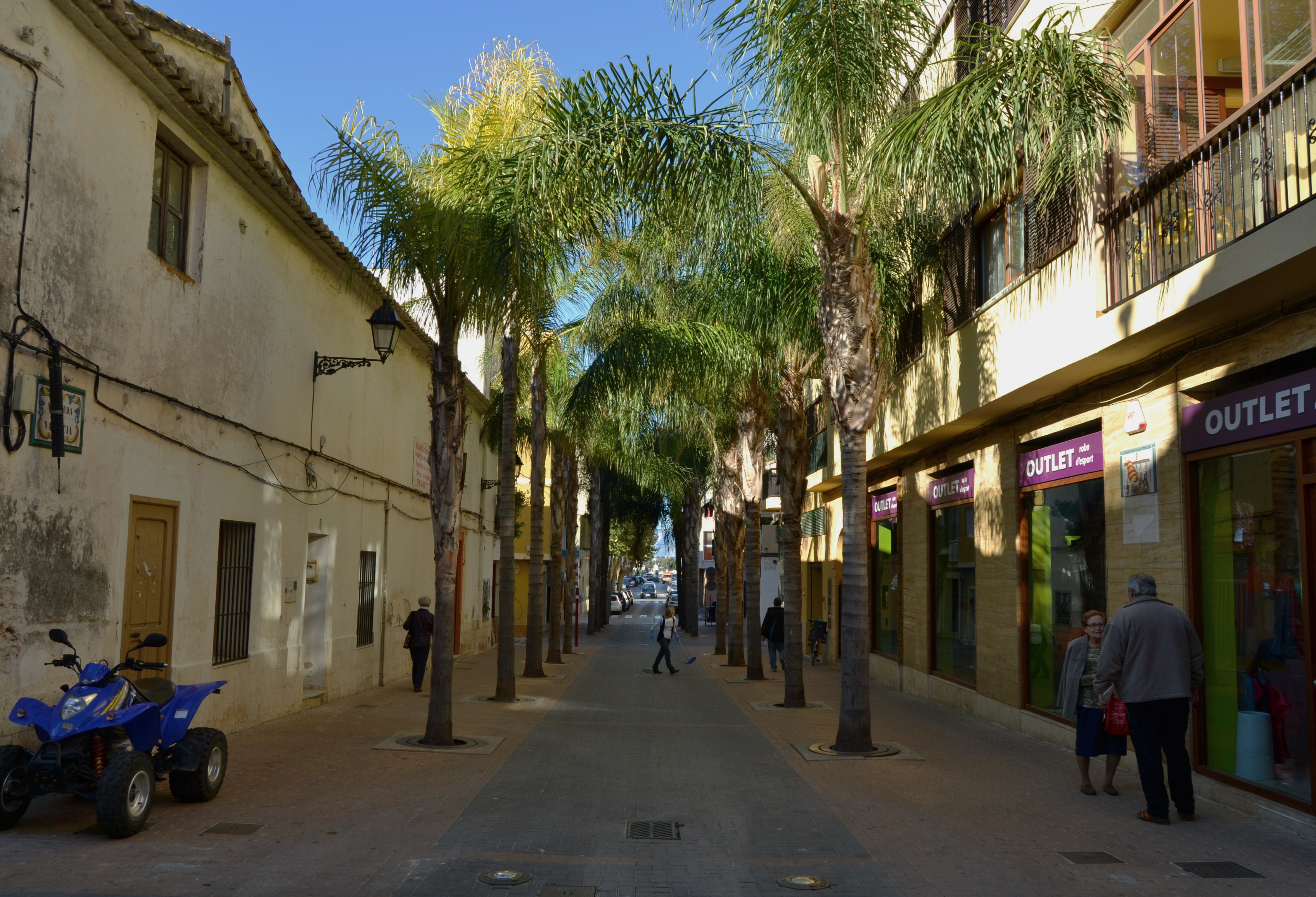 Street view in Denia, Spain, featuring palm trees along a stone walkway.