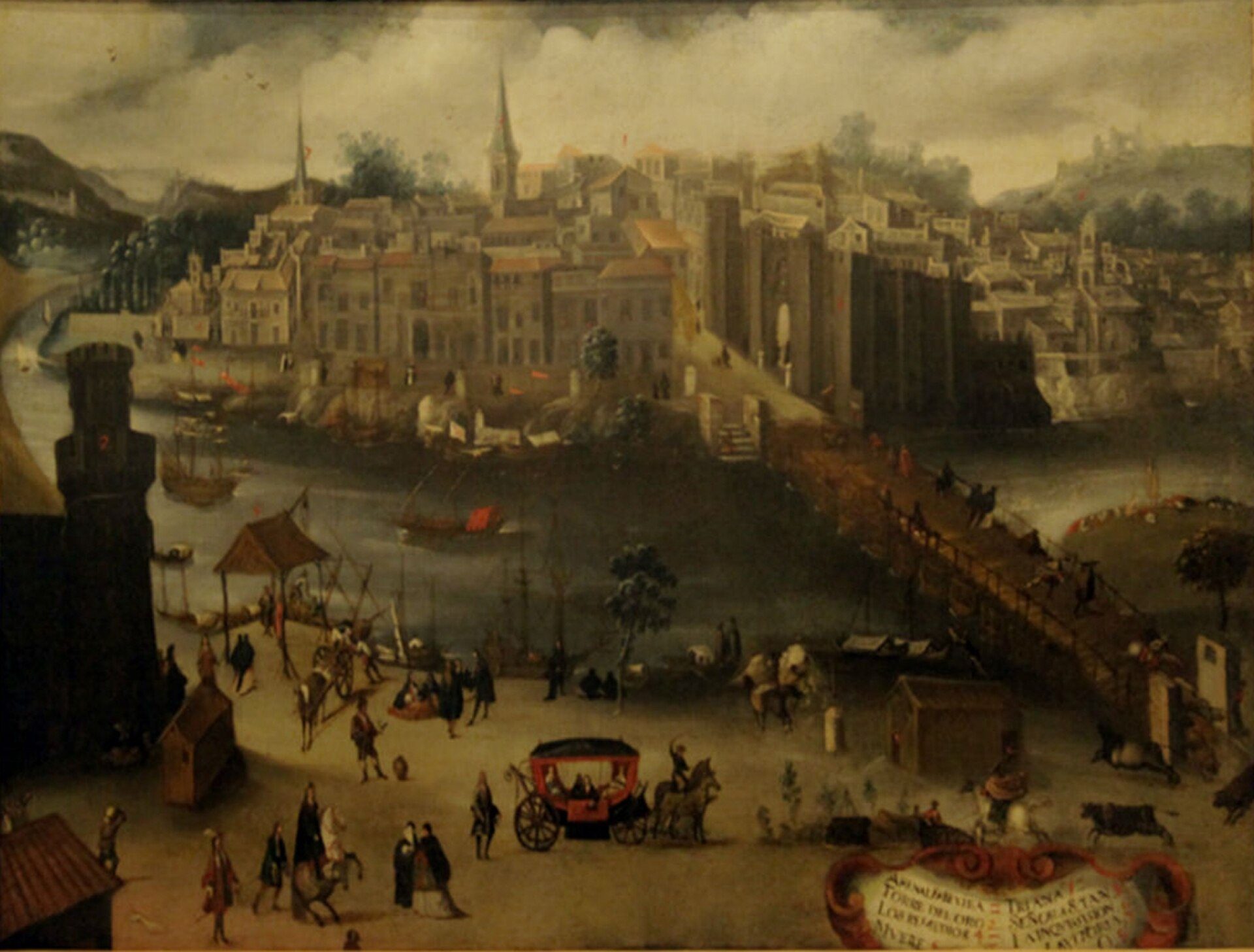 Panoramic cityscape view from a high vantage point, featuring boats, buildings, and bustling streets.