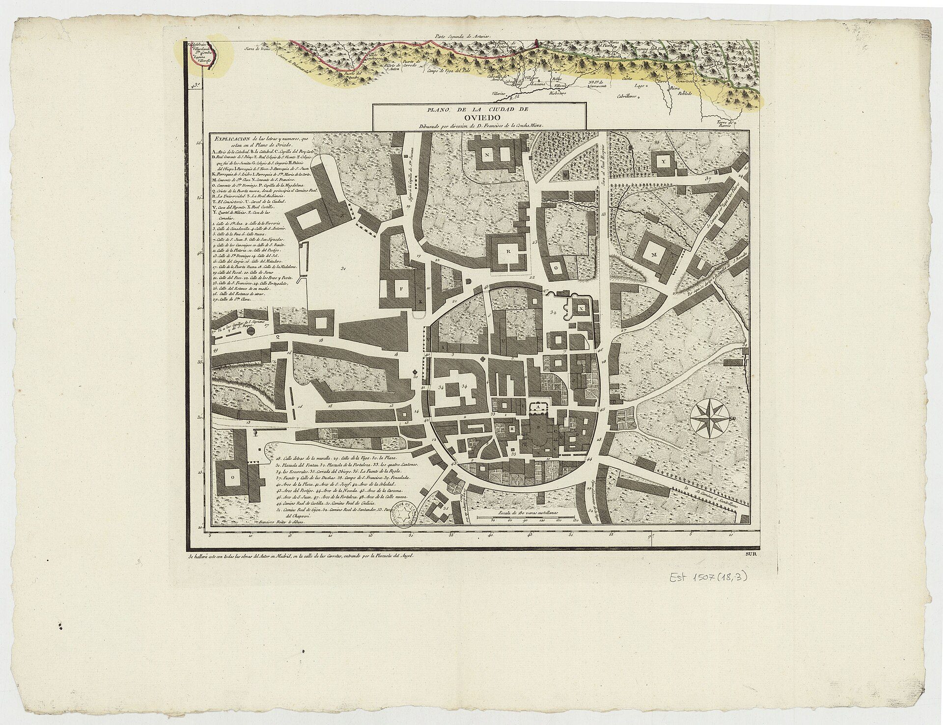 Alt text: Detailed vintage map of a property with labeled rooms and pathways.