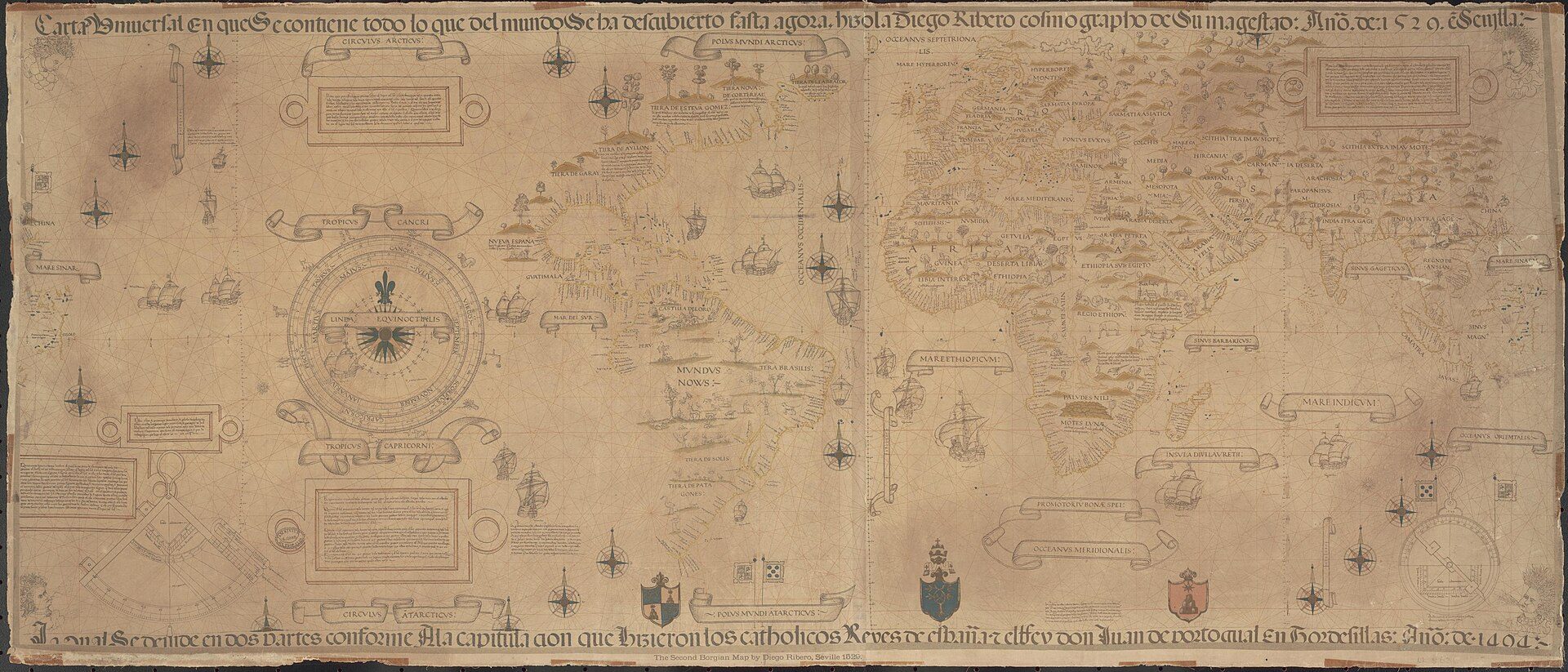 Alt text: Vintage map with compass, ships, and text, depicting historical exploration routes.