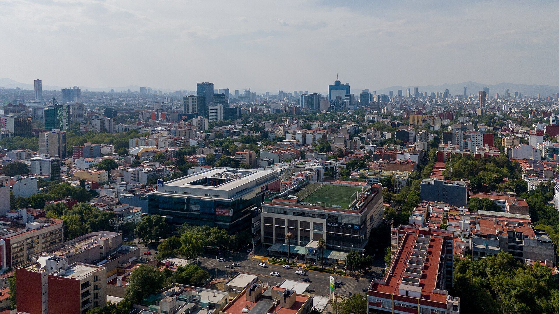 Aerial view of a cityscape with modern buildings, greenery, and a clear sky.