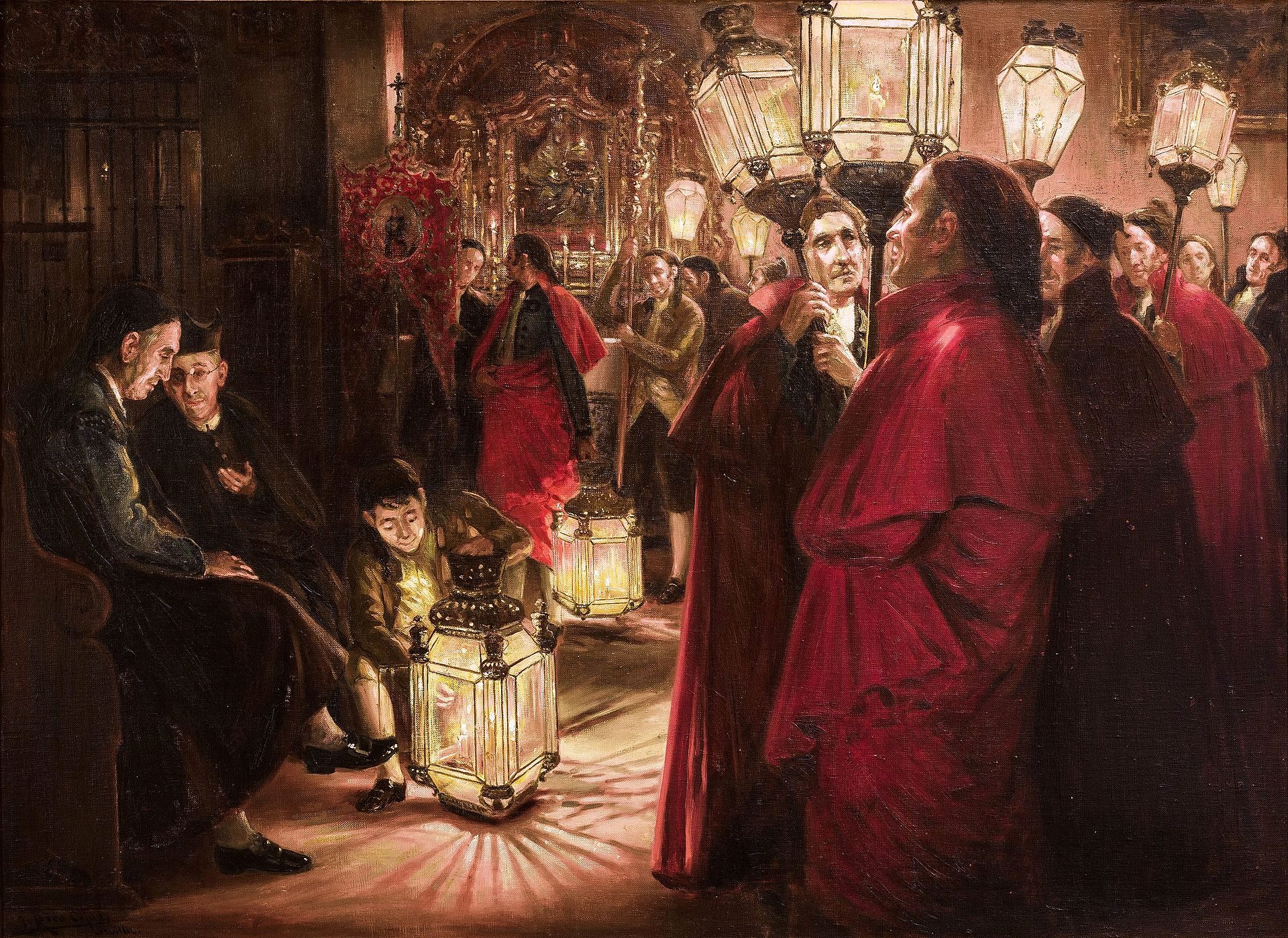 A bustling room with people in red robes, ornate lanterns, and a warm, lively atmosphere.