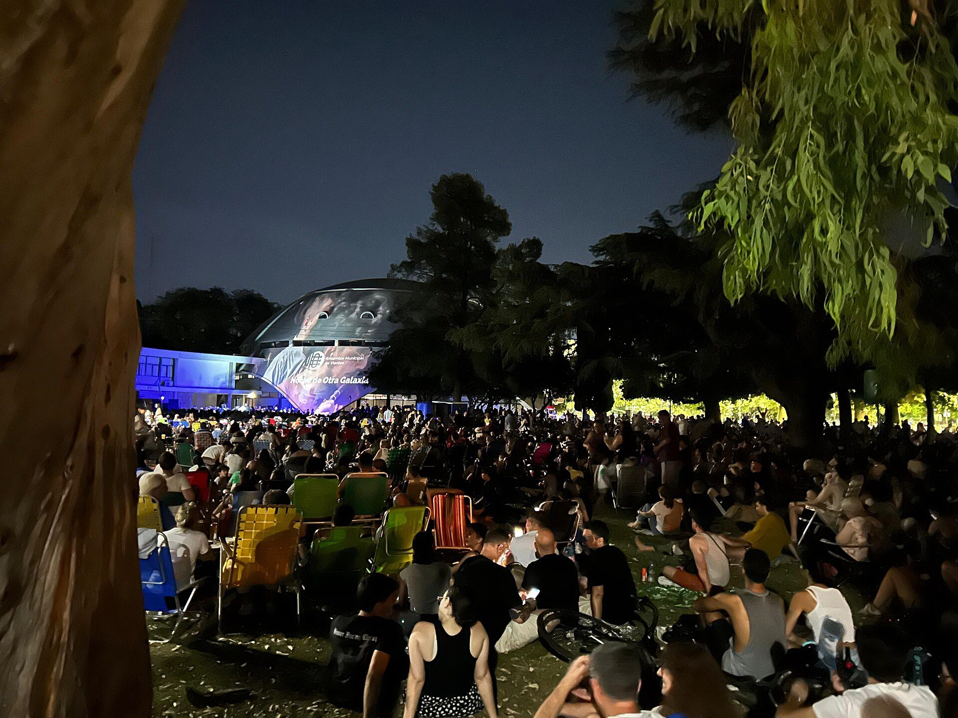Alt text: Outdoor night event with a large crowd, stage, and trees.