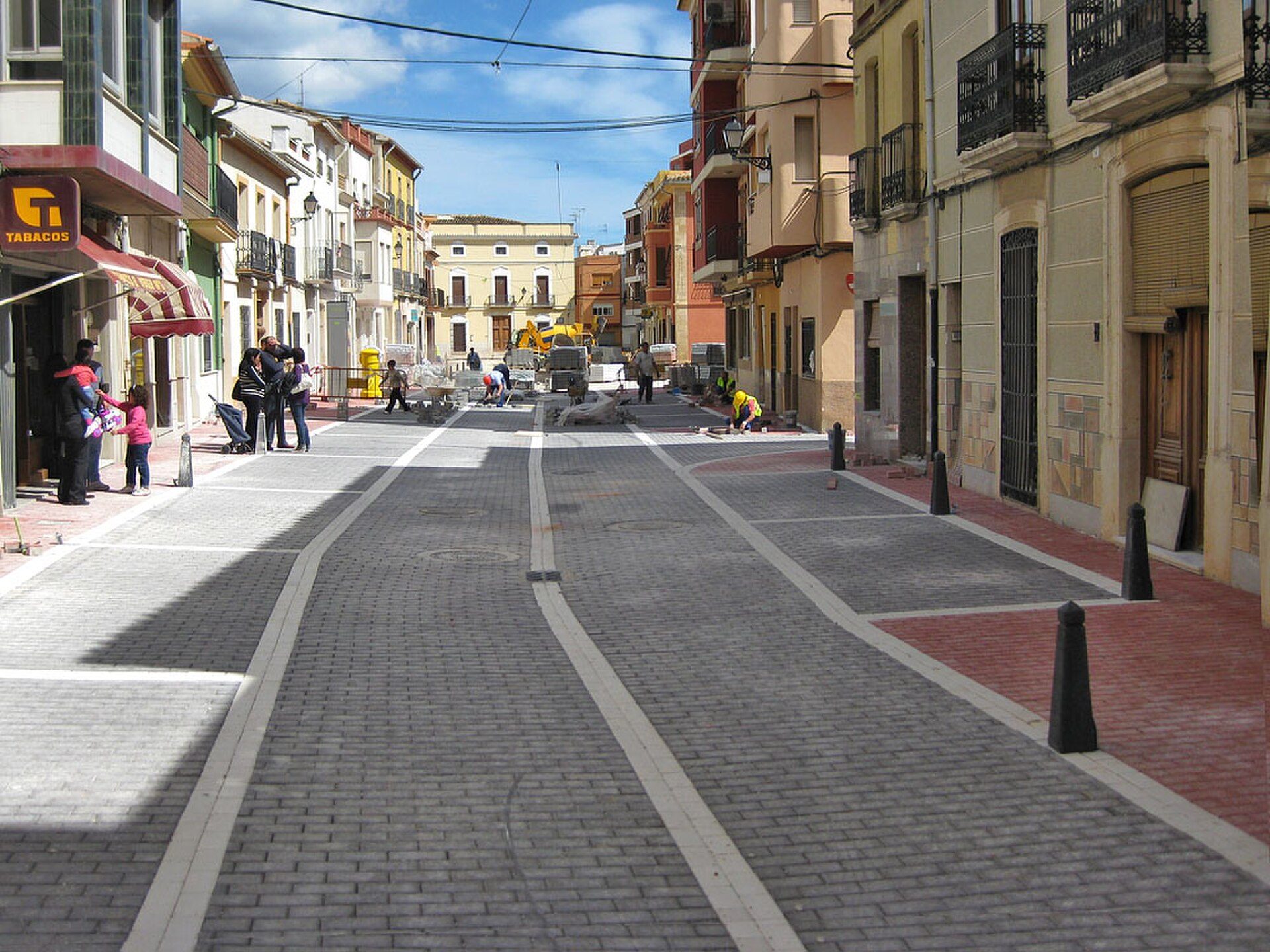 Main street in El Verger, Valencian Country, Spain. Works underway to semi-pedes