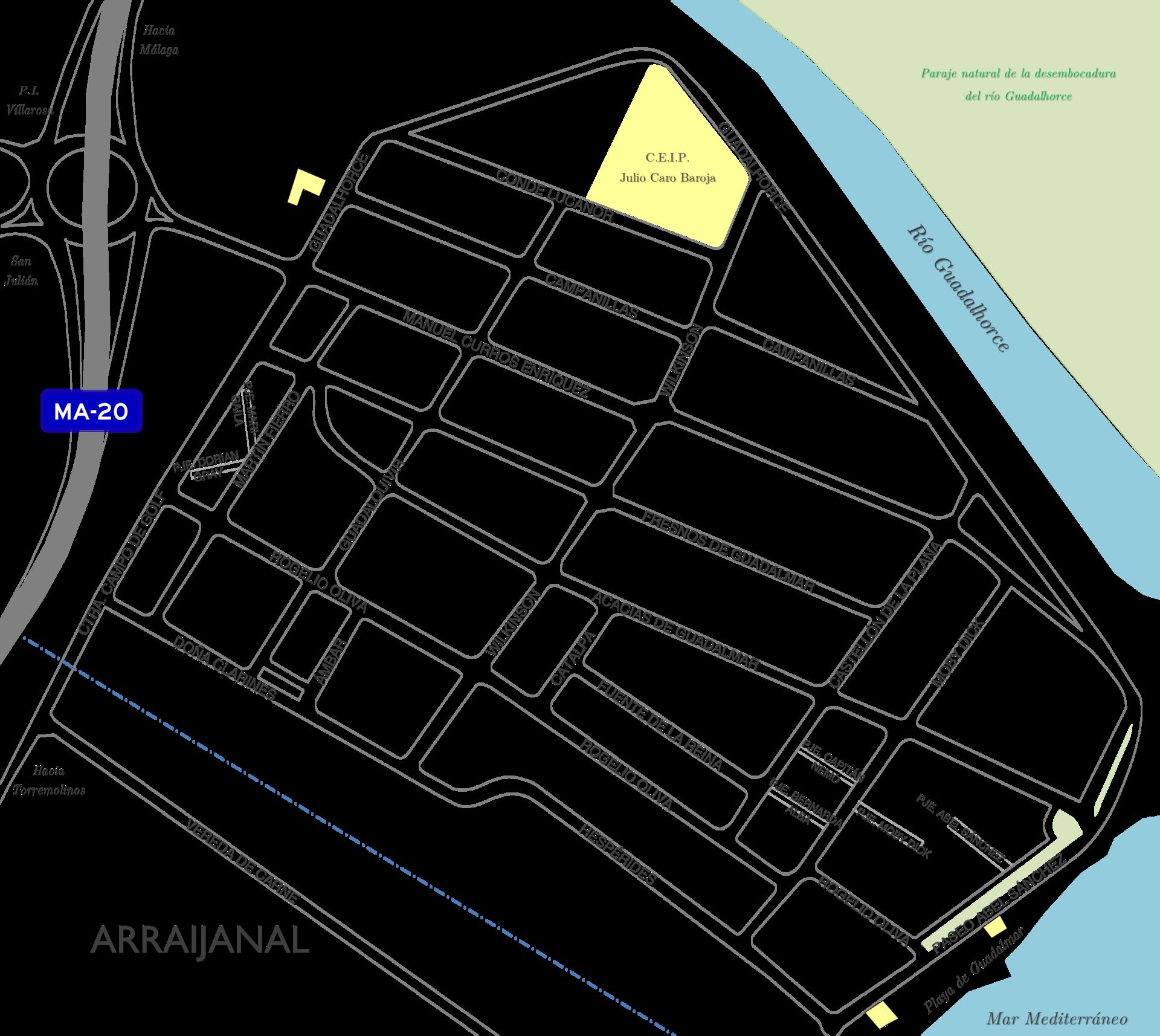 Aerial view of a large, empty parking lot with marked spaces and surrounding roads.