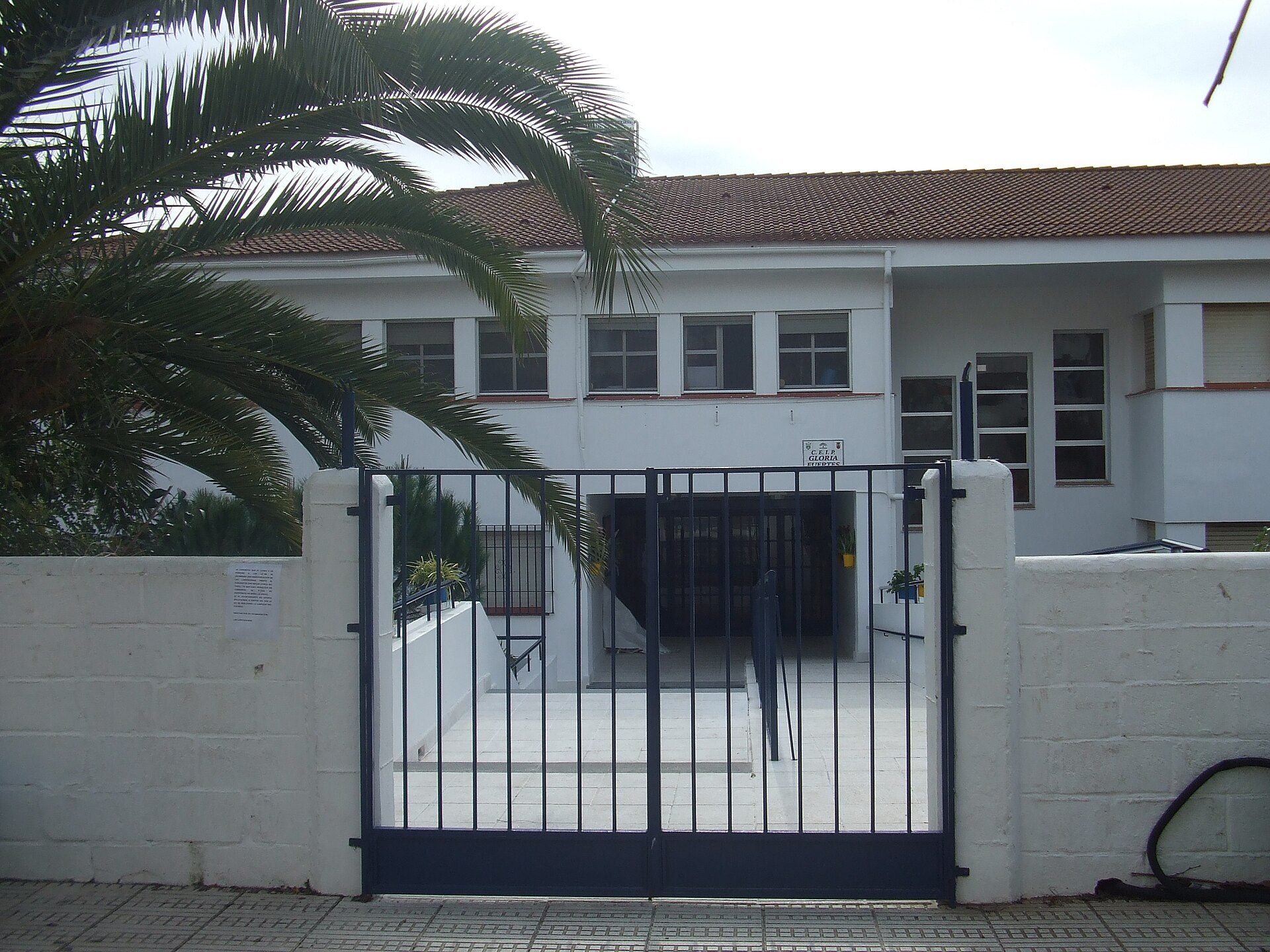 A white building with a gated entrance, palm tree, and tiled patio.
