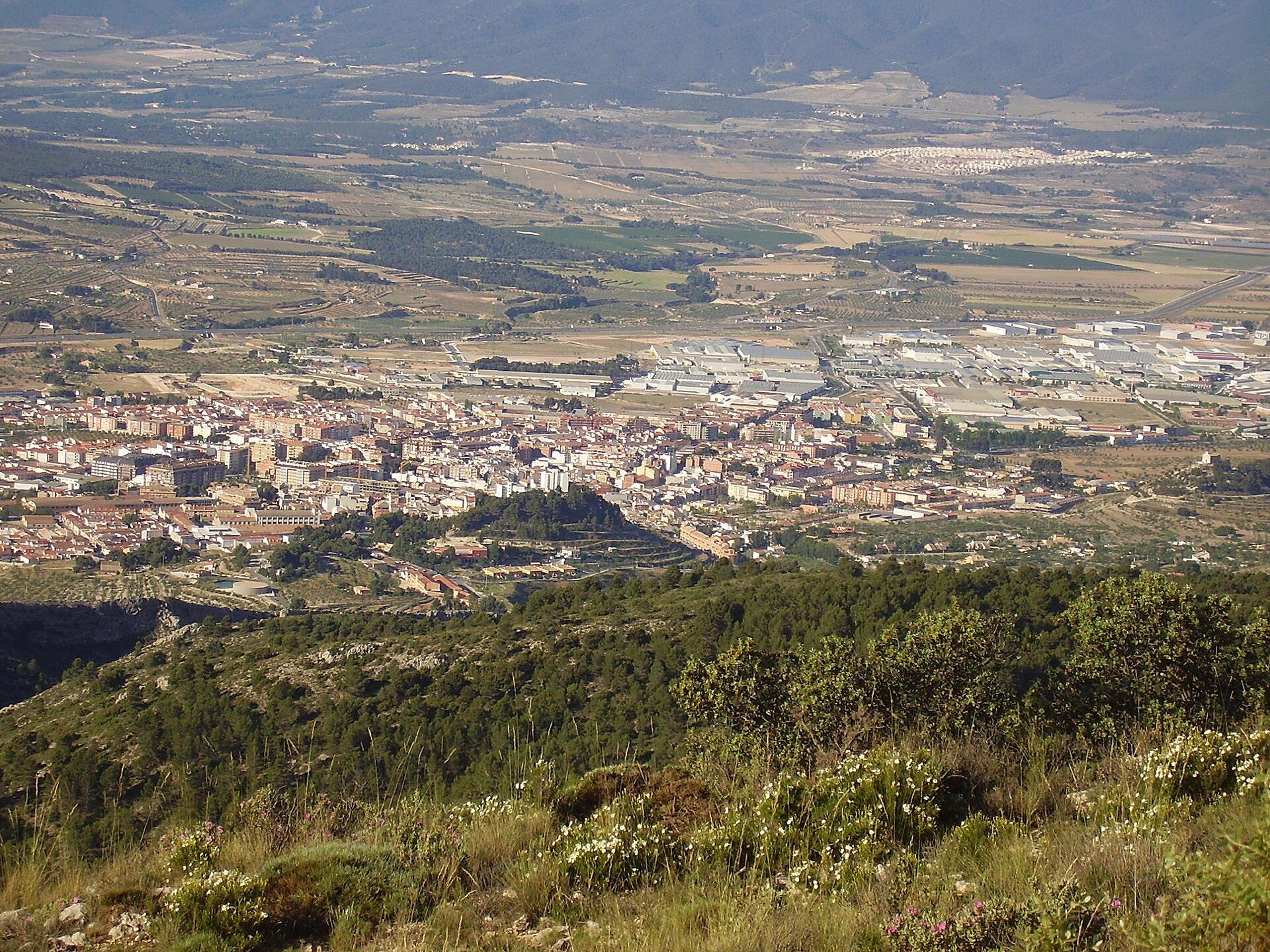 Alt text: Panoramic view of a town from a hilltop room with lush greenery and distant mountains.