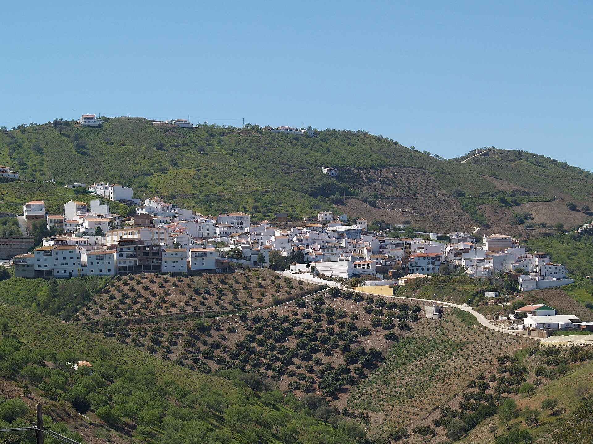 Alt text: White villa with terraces, offering panoramic hillside views, surrounded by lush greenery.