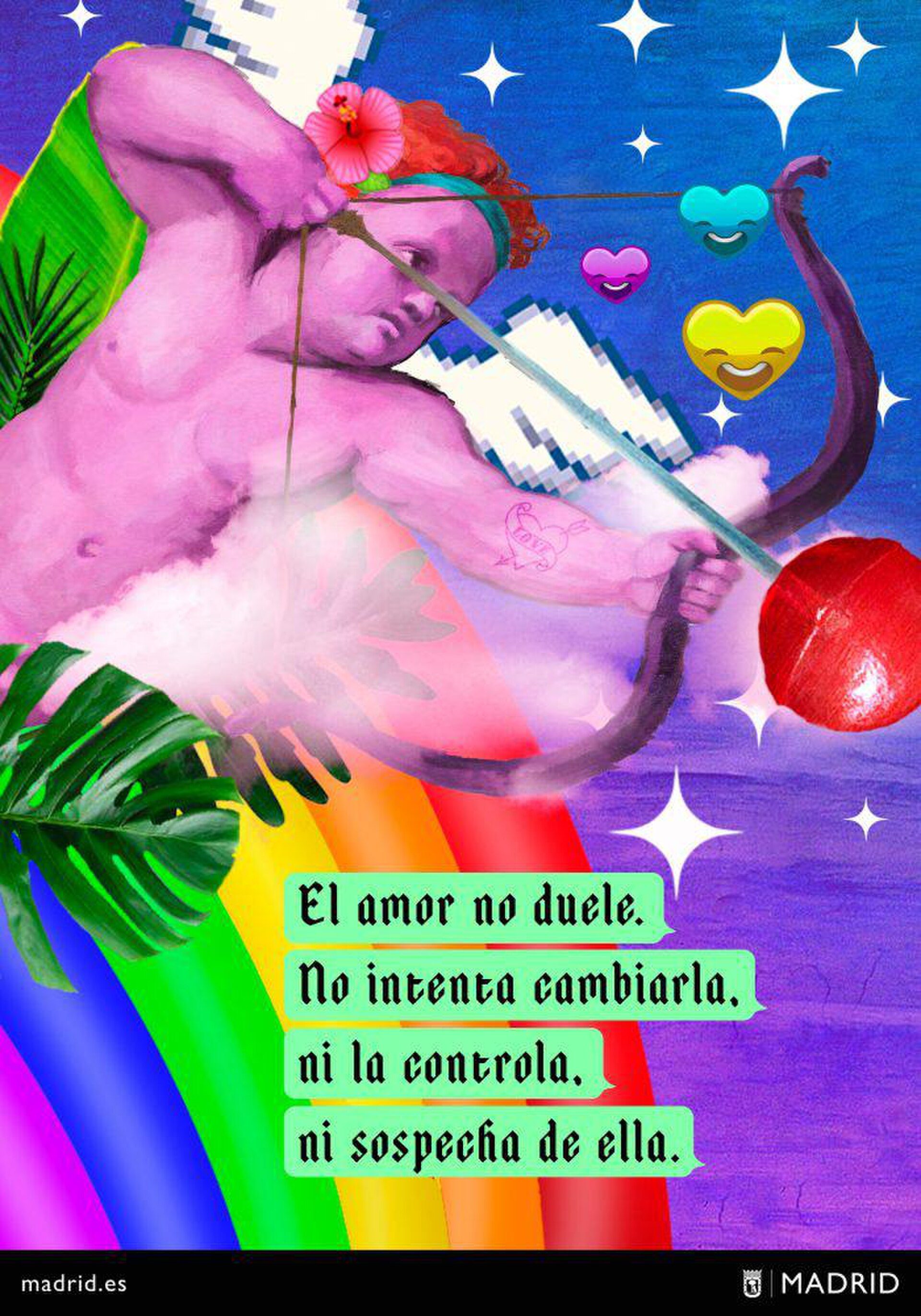 A colorful, whimsical artwork featuring a cherub with a rainbow background and text in Spanish.
