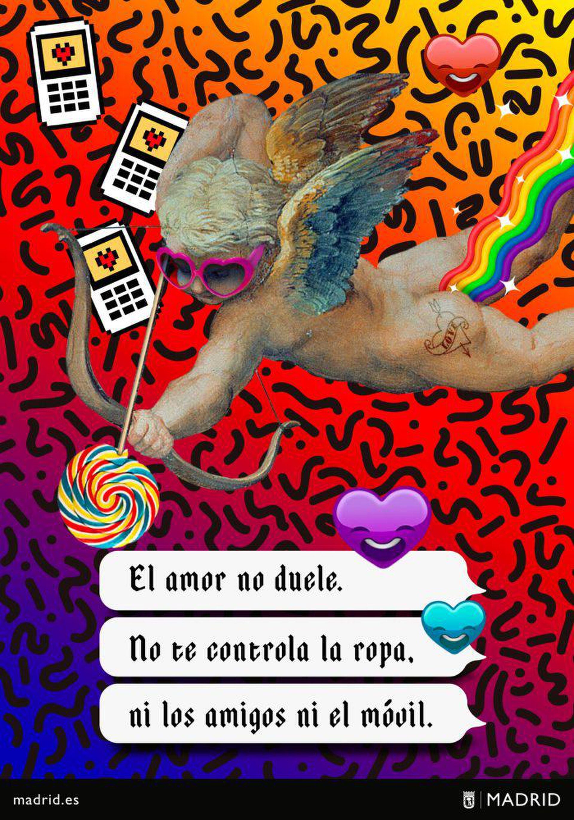 Alt text: A whimsical illustration of Cupid with a lollipop and calculators, set against a colorful, patterned background.
