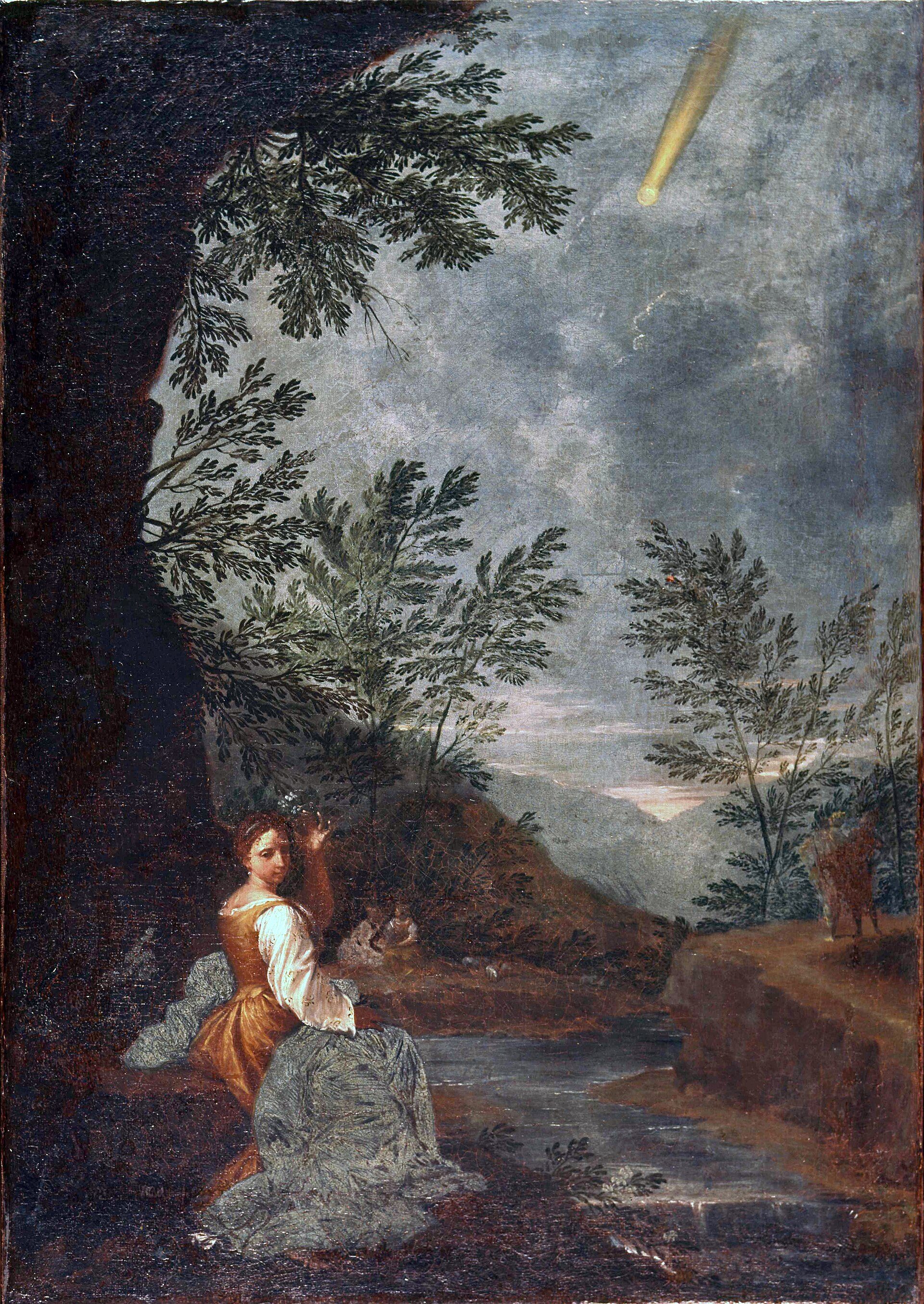 A serene landscape painting featuring a woman by a stream, with trees and a distant sky.