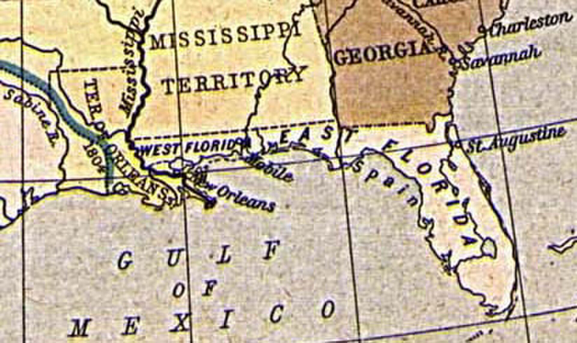 Vintage map showing the Gulf of Mexico, Florida, Georgia, and Mississippi territories.