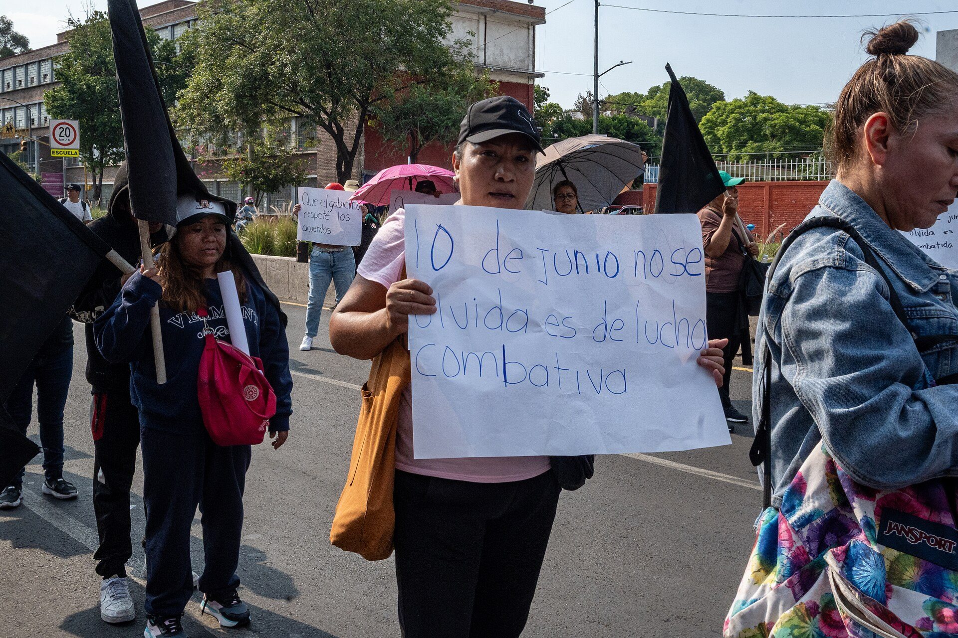 Alt text: A group of people protesting on a street, holding signs and flags.