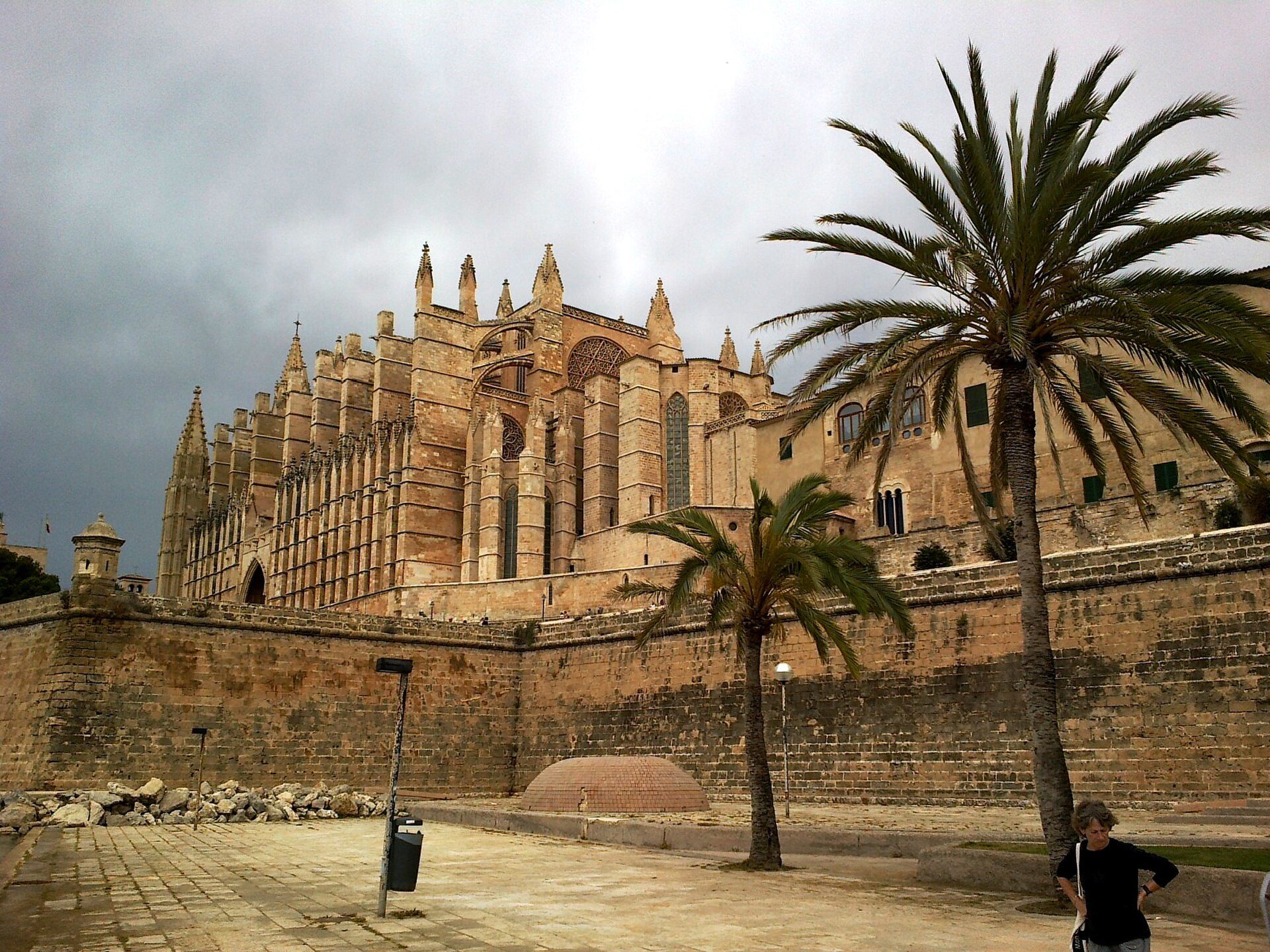 Alt text: Historic cathedral with palm trees, stone walls, and cloudy sky view.