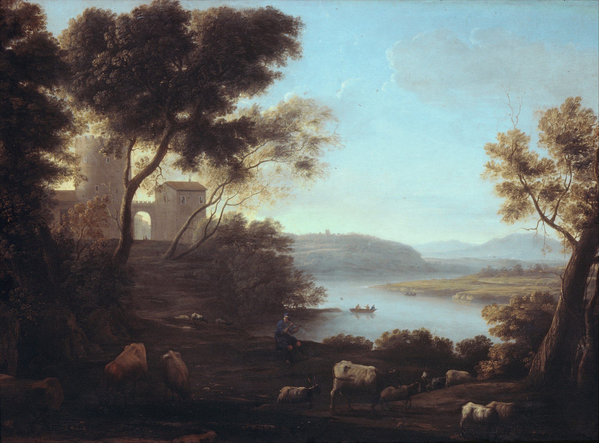 A serene landscape painting featuring a river, trees, and distant hills.