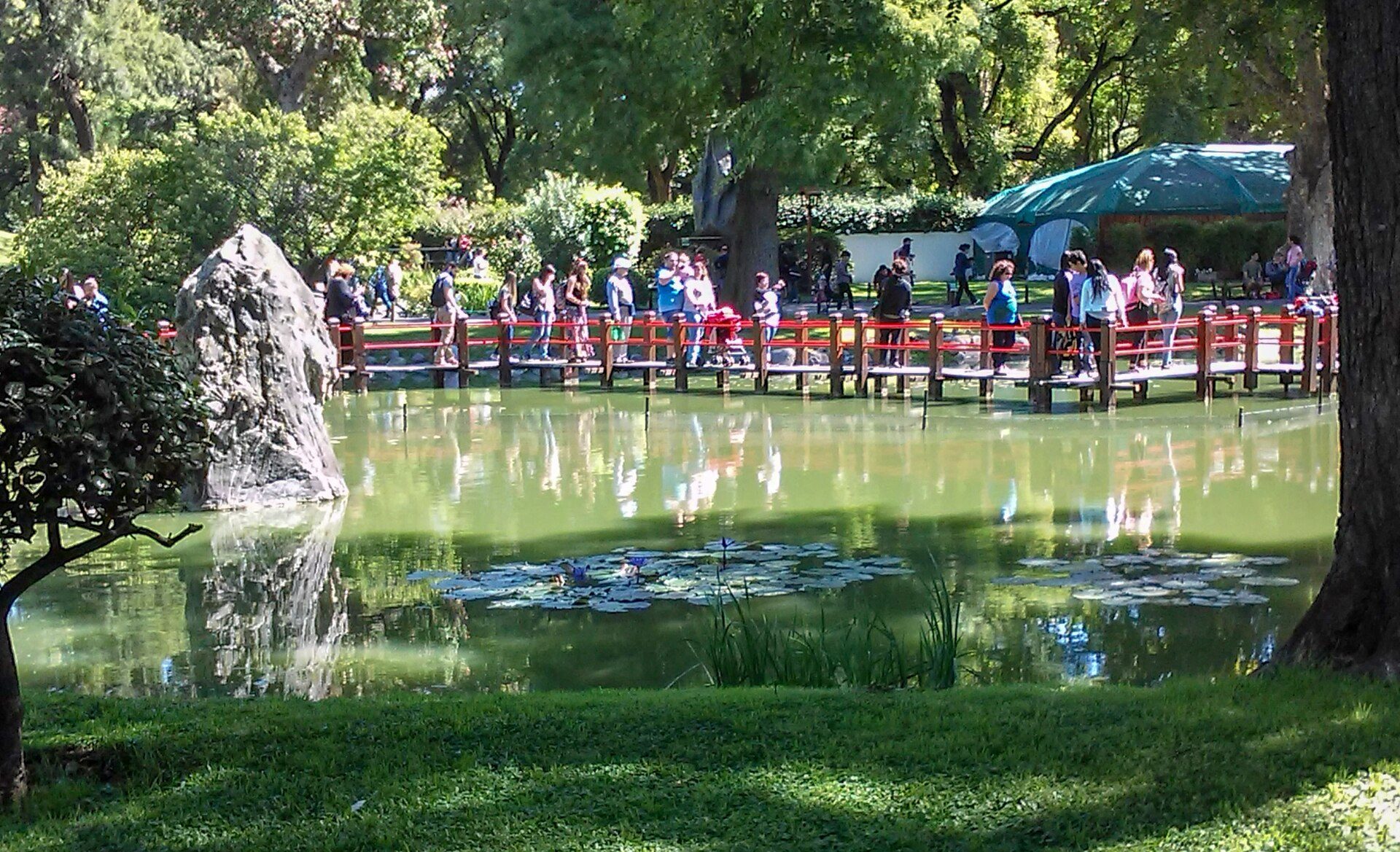 A serene park scene with a pond, lily pads, and a red bridge, surrounded by lush greenery.