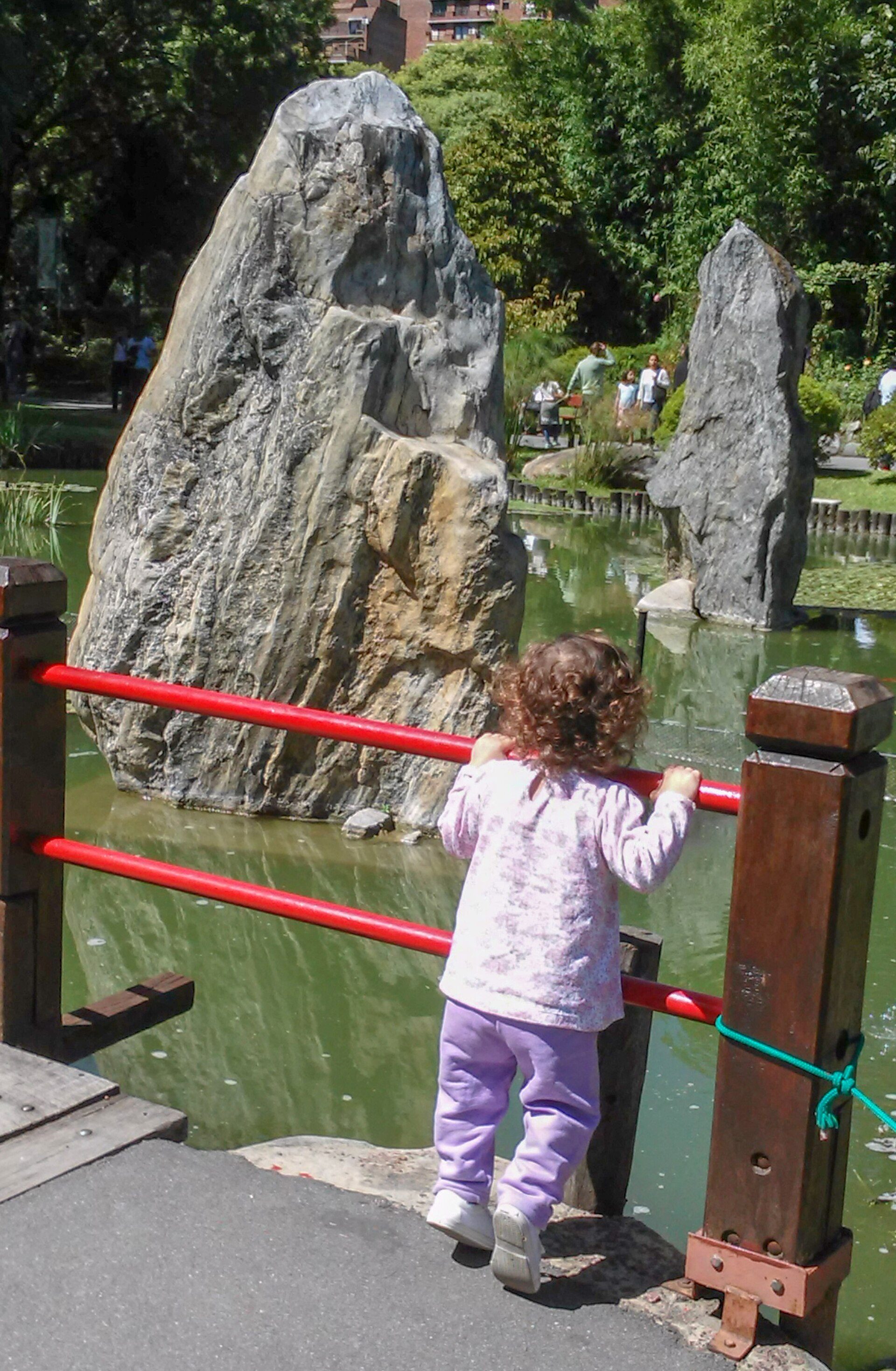 A child in purple clothing stands by a red railing, looking at a pond with large rocks.