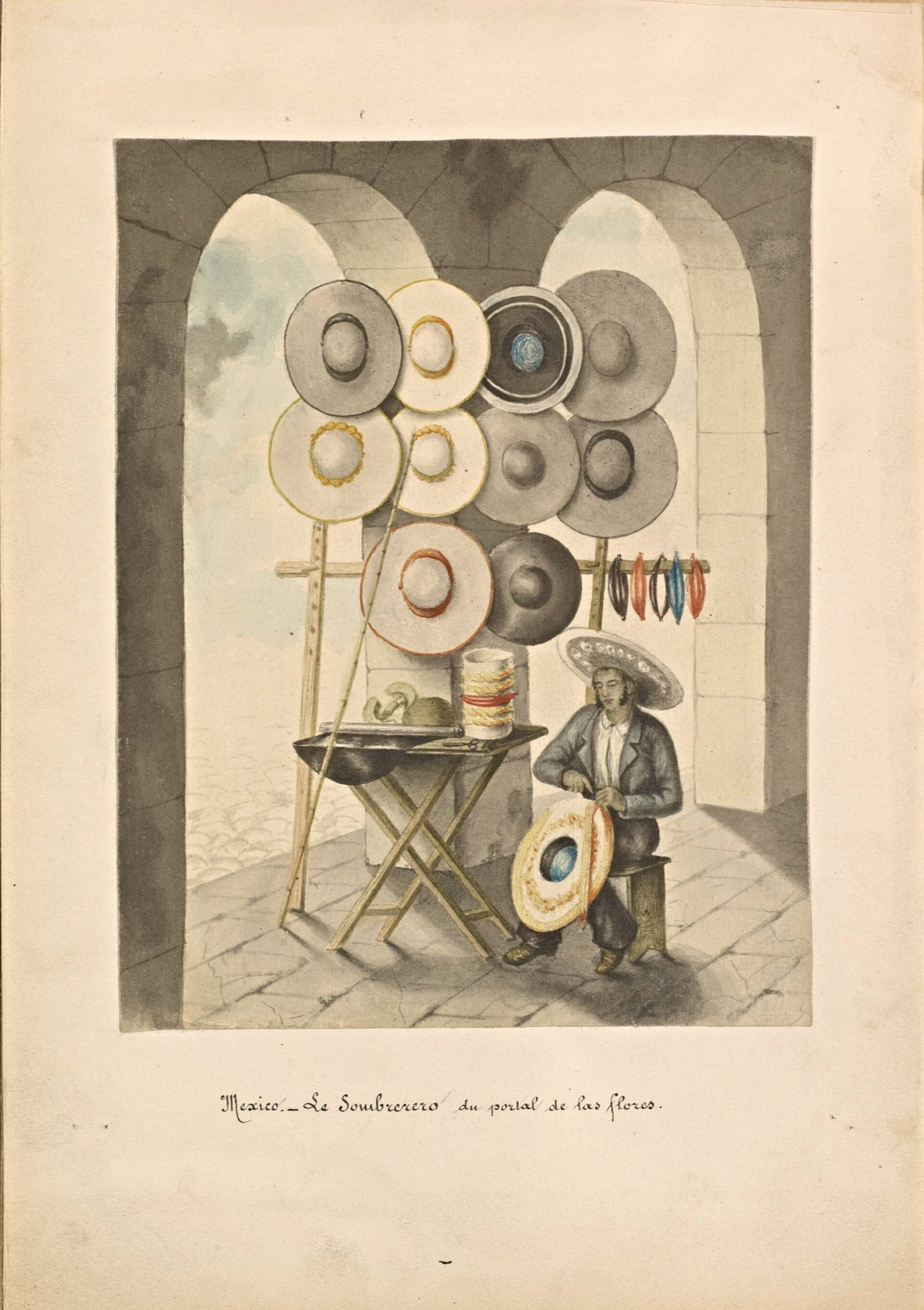 The hat maker at the Portal de las Flores, Mexico City 1865