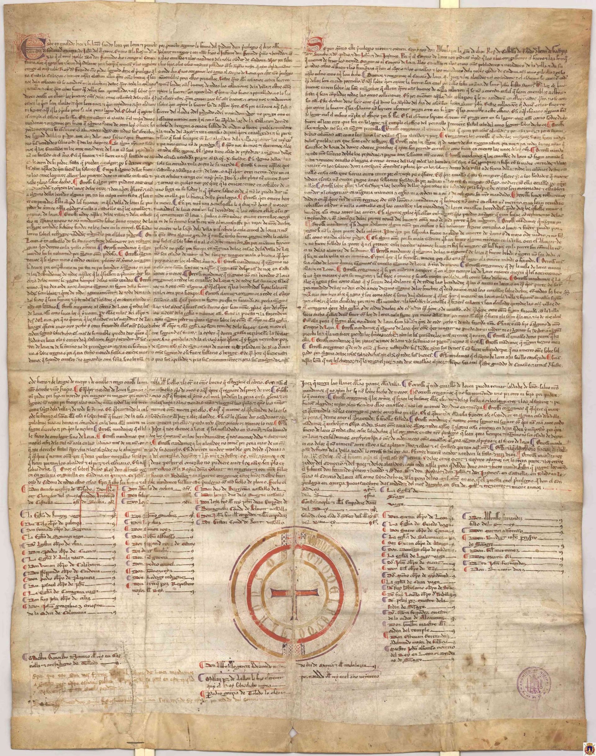 Privilegio rodado de Alfonso X al concejo de Lorca, concediendo el Fuero de Córd