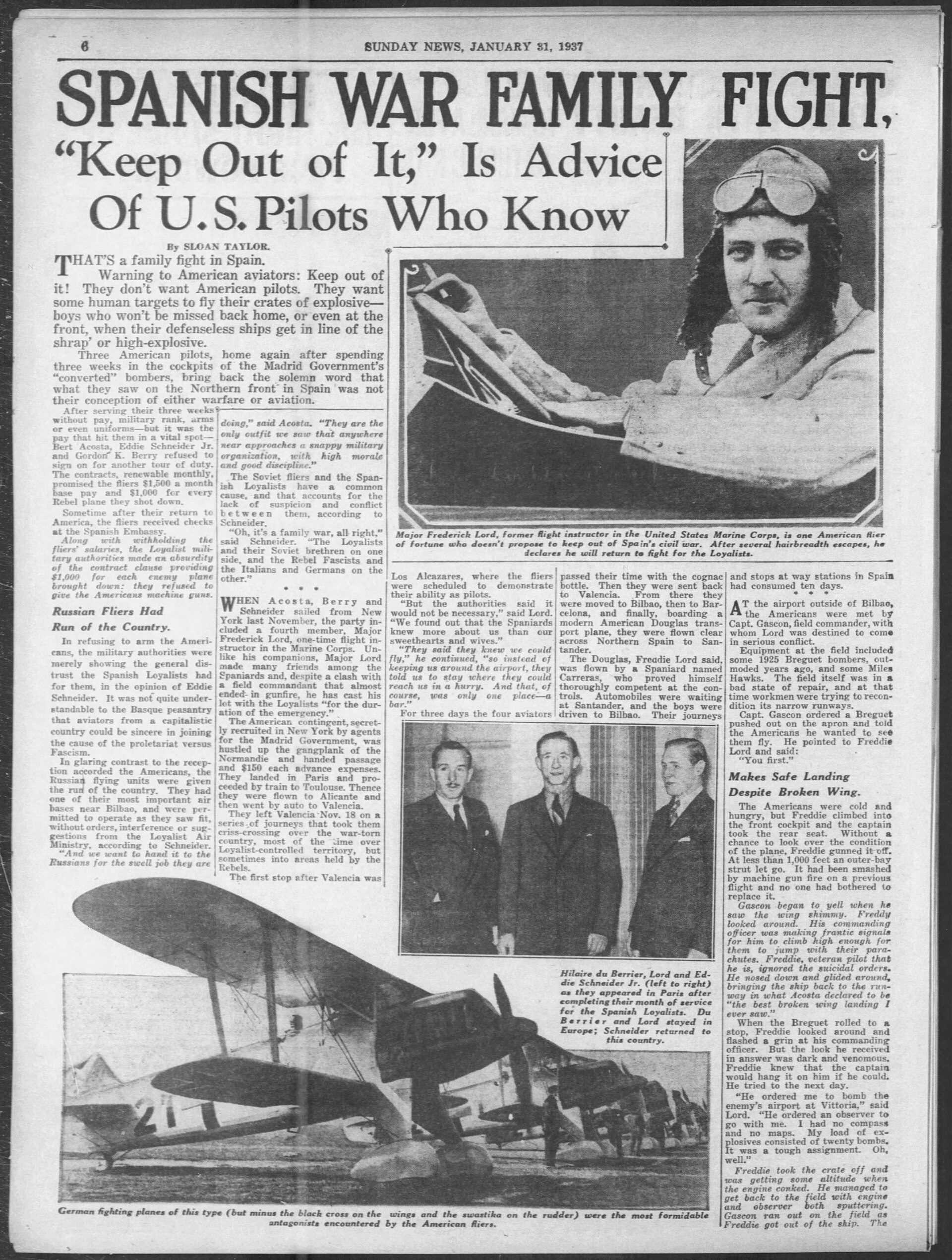 Alt text: Vintage newspaper with headlines about the Spanish War and U.S. pilots.