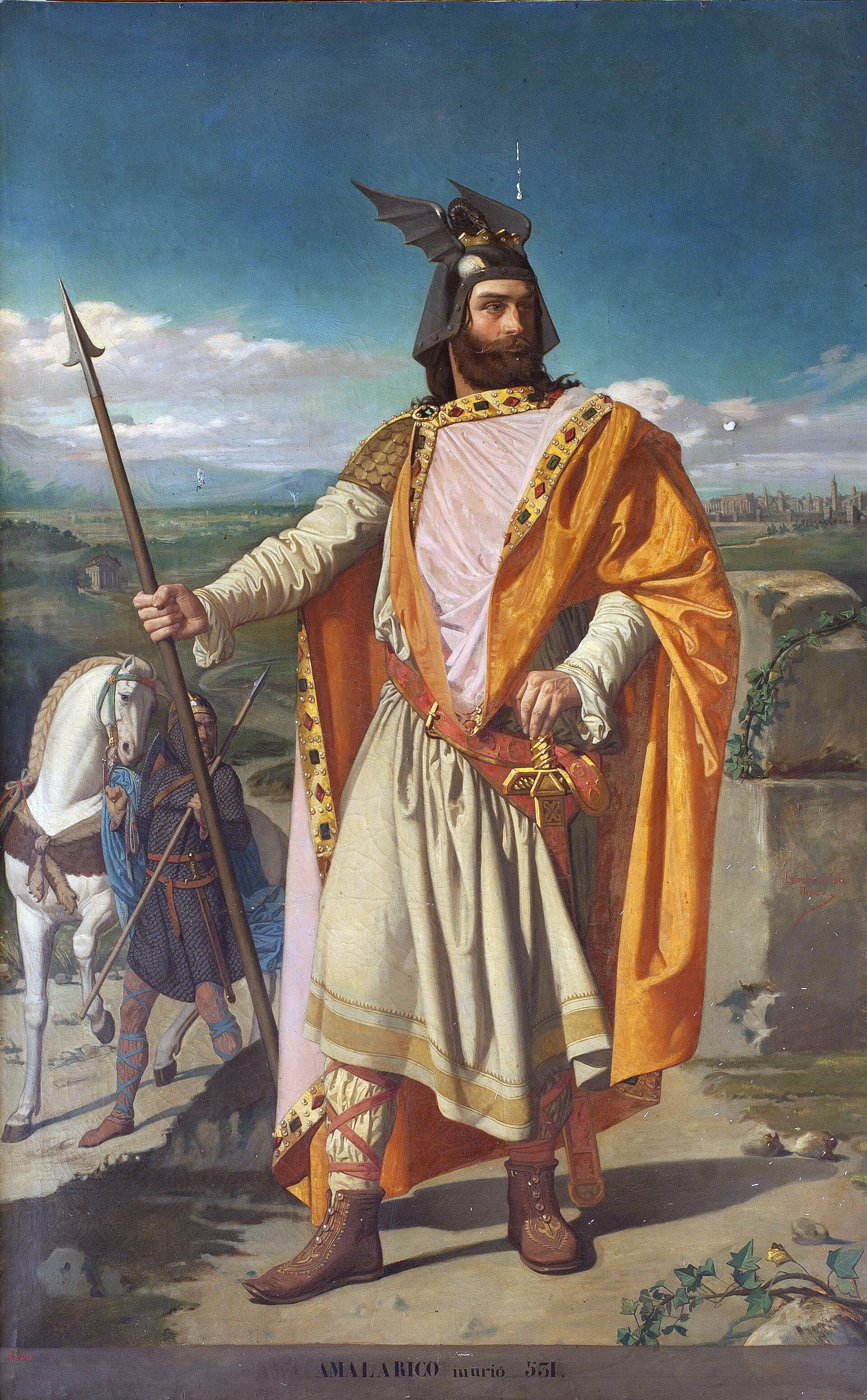 Alt text: A medieval-themed painting featuring a knight in armor with a horse and castle in the background.