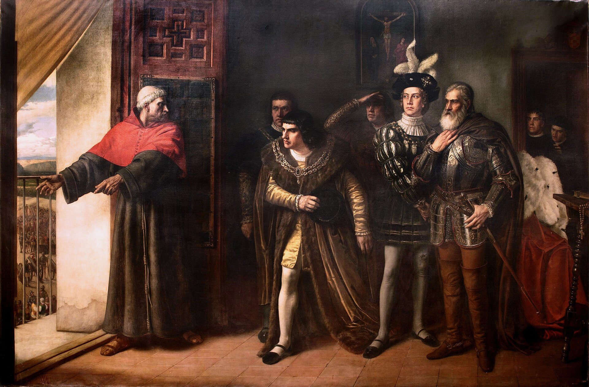 A historical painting depicting a room with a balcony view and figures in period attire.