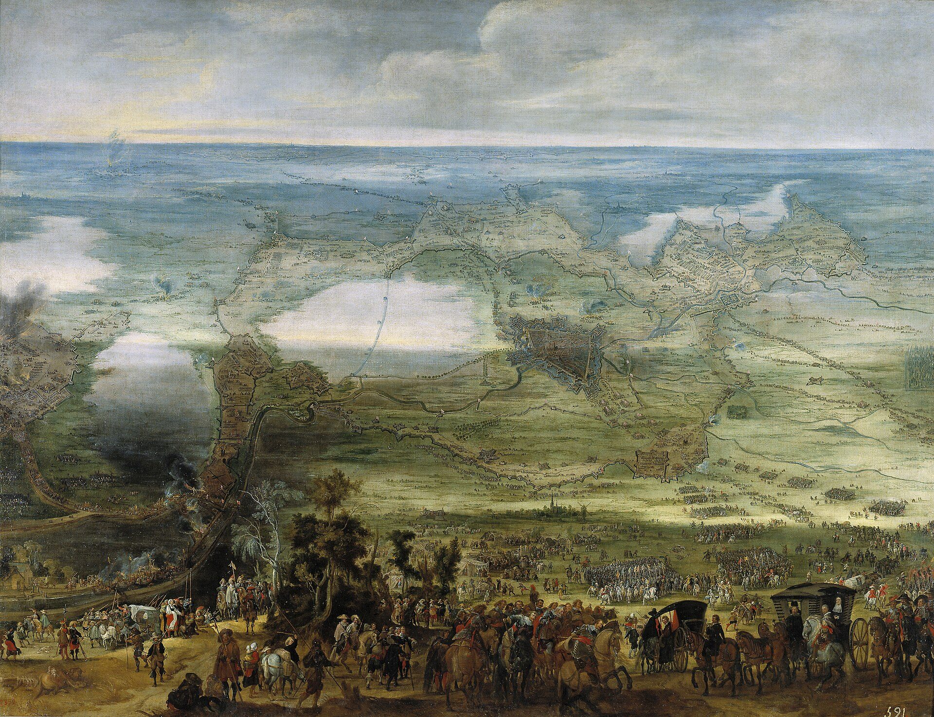 Panoramic view of a detailed battle scene painting with numerous soldiers and horses.