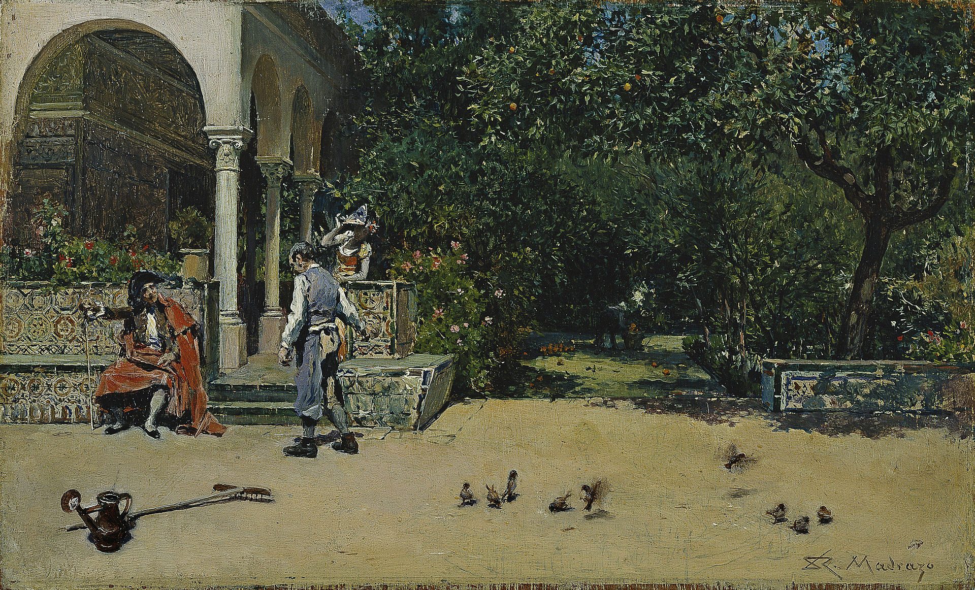 A serene garden scene with a couple conversing near a fountain, surrounded by lush greenery and blooming flowers.