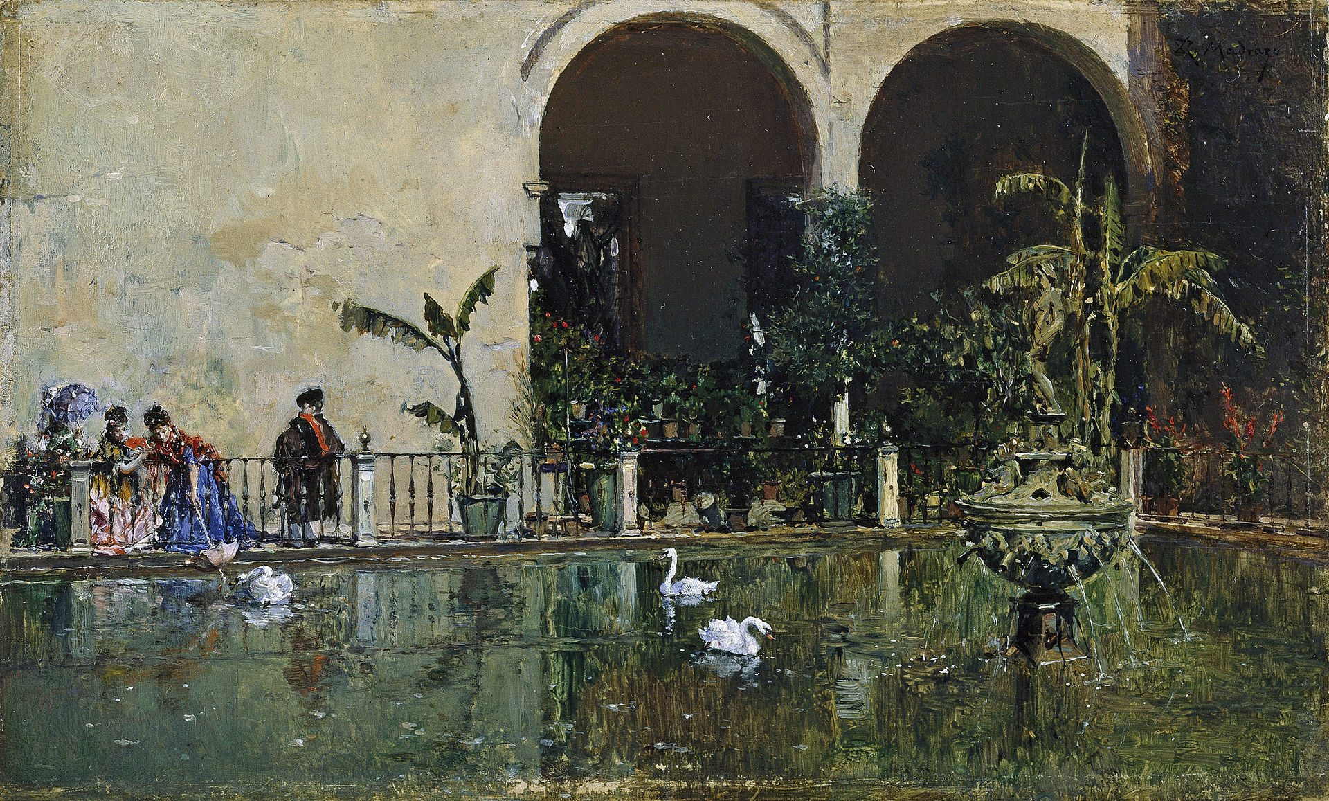 A serene courtyard with a pond, swans, and lush greenery, featuring arched walkways and blooming plants.