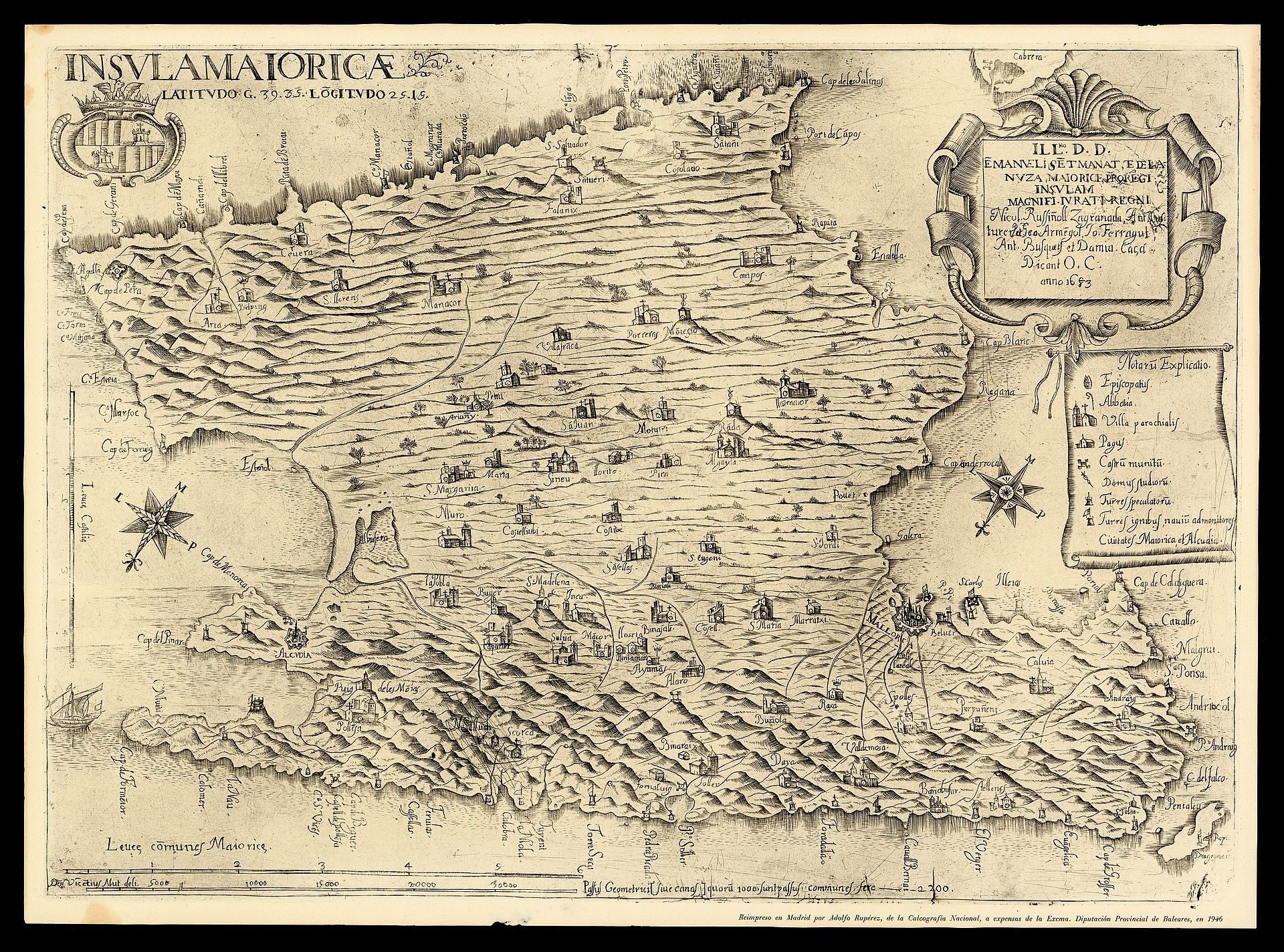 Alt text: Detailed vintage map of Insula Maiorica, featuring topographical details and compass directions.
